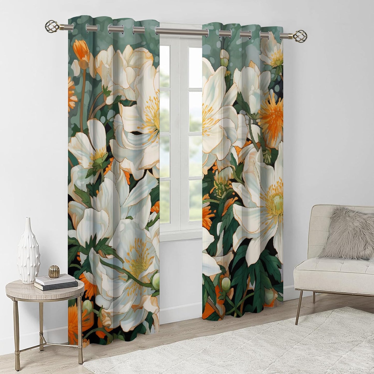 Abstract Elegant Flowers Blackout Curtains, Green Leaf Background 3D Print Pattern Curtain, 2 Panels Thermal Insulated Top Grommet Darkening Drapes for Living Room Bedroom(84" W x 84 "L)