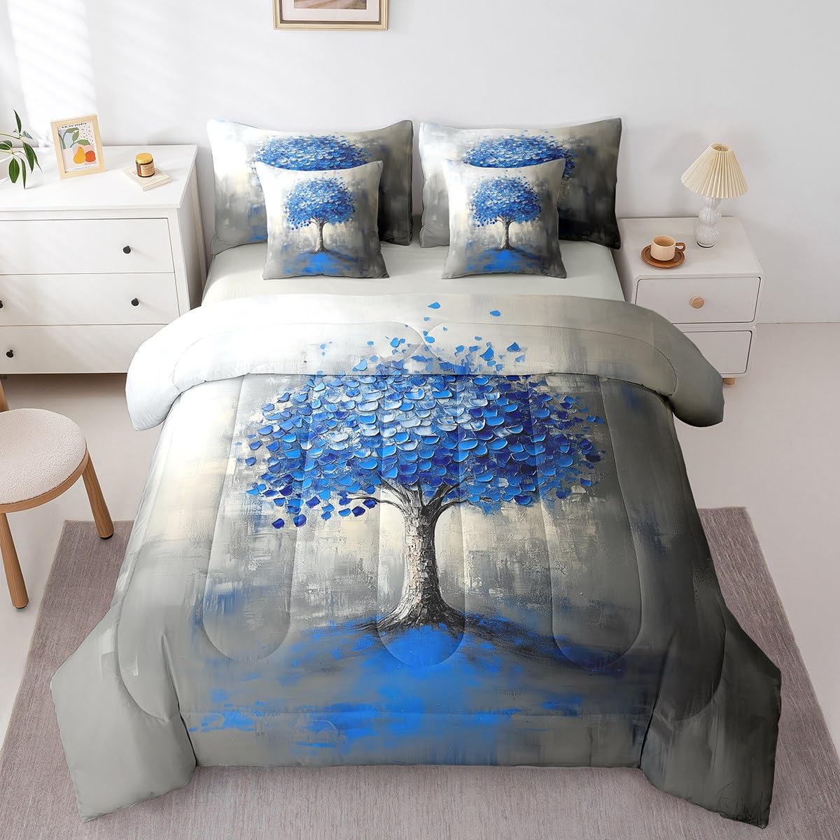Blue Tree Branches Pattern 7 Pieces Bedding Set Twin Size Kids Leaf Branches Bed in a Bag with Comforter, Sheets, Pillowcases Fallen Leaves Bed Set Breathable Botanical Room Comforter Set with Sheets