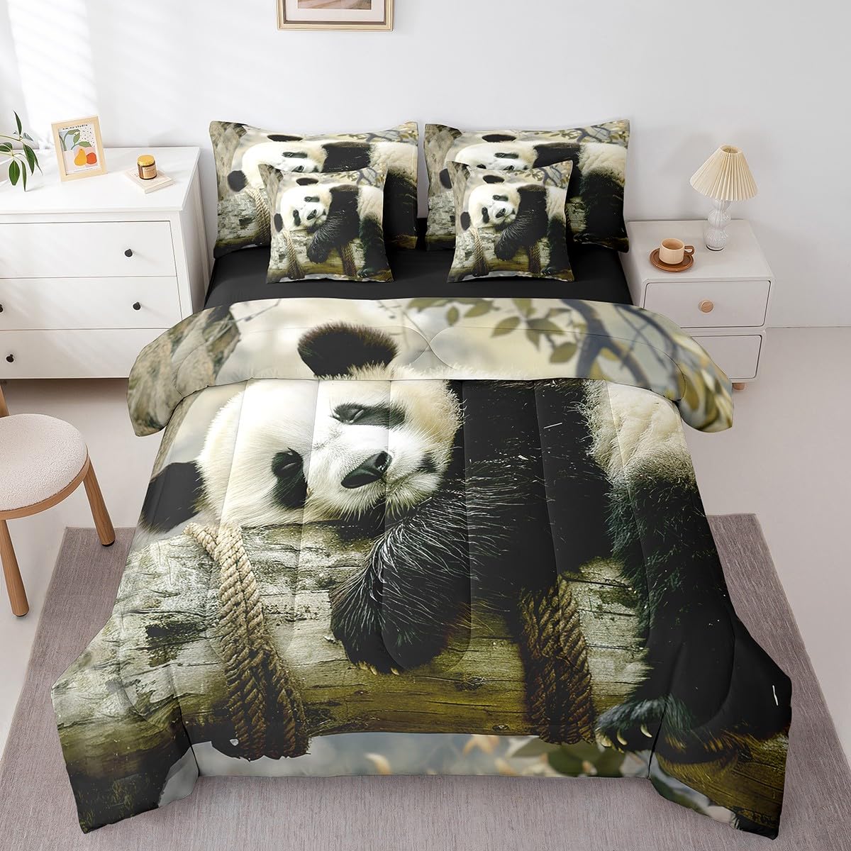 Feelyou Panda Comforter Set Queen Size 7 Pieces for Kids Cartoon Panda Bed in a Bag Boys Girls Animal Bed Set Includes Comforter, Sheet Set, Pillowcases & Pillow Covers - Super Soft Breathable
