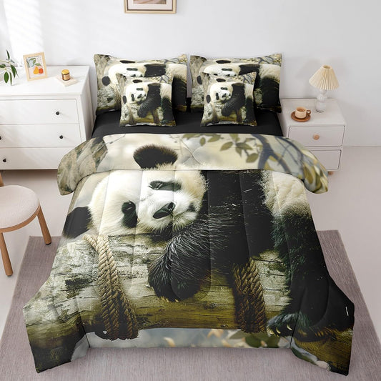 Feelyou Panda Comforter Set Queen Size 7 Pieces for Kids Cartoon Panda Bed in a Bag Boys Girls Animal Bed Set Includes Comforter, Sheet Set, Pillowcases & Pillow Covers - Super Soft Breathable