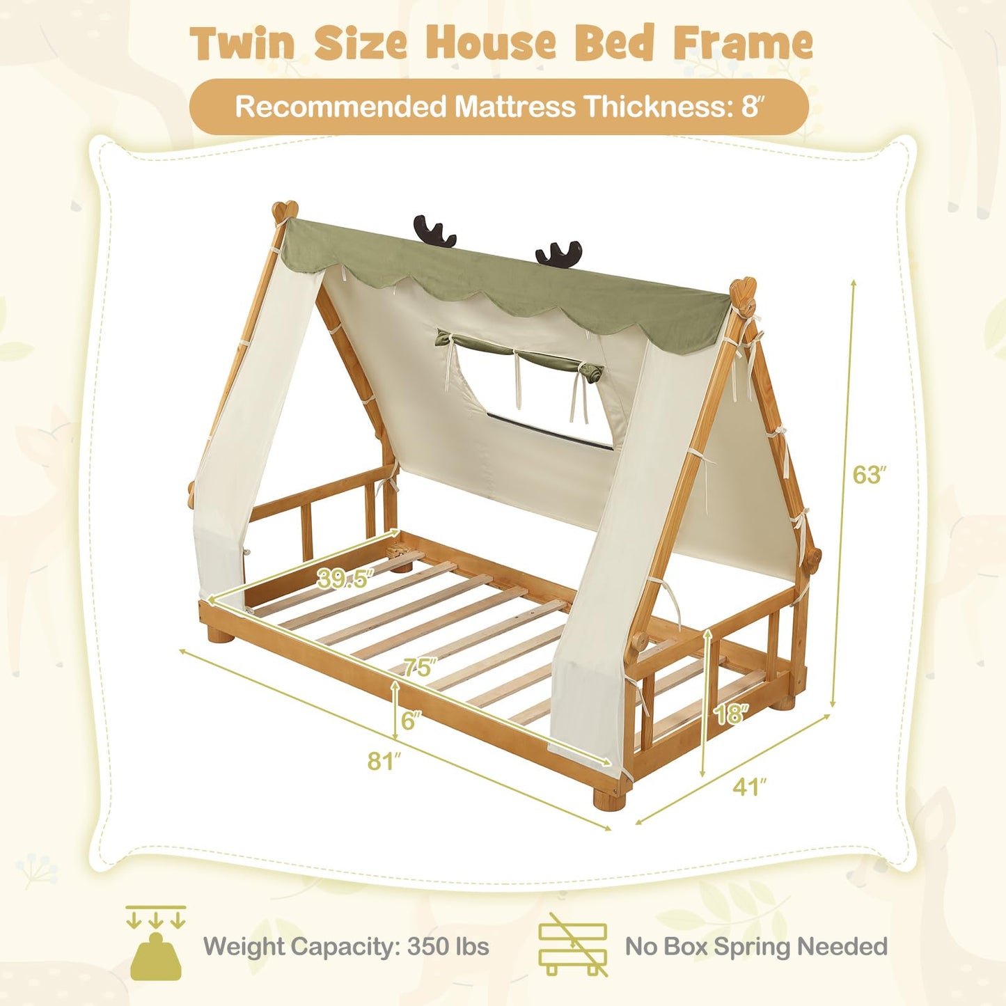 Costzon Twin Bed Frames for Kids, Wooden House Antlers-Shaped Floor Bed