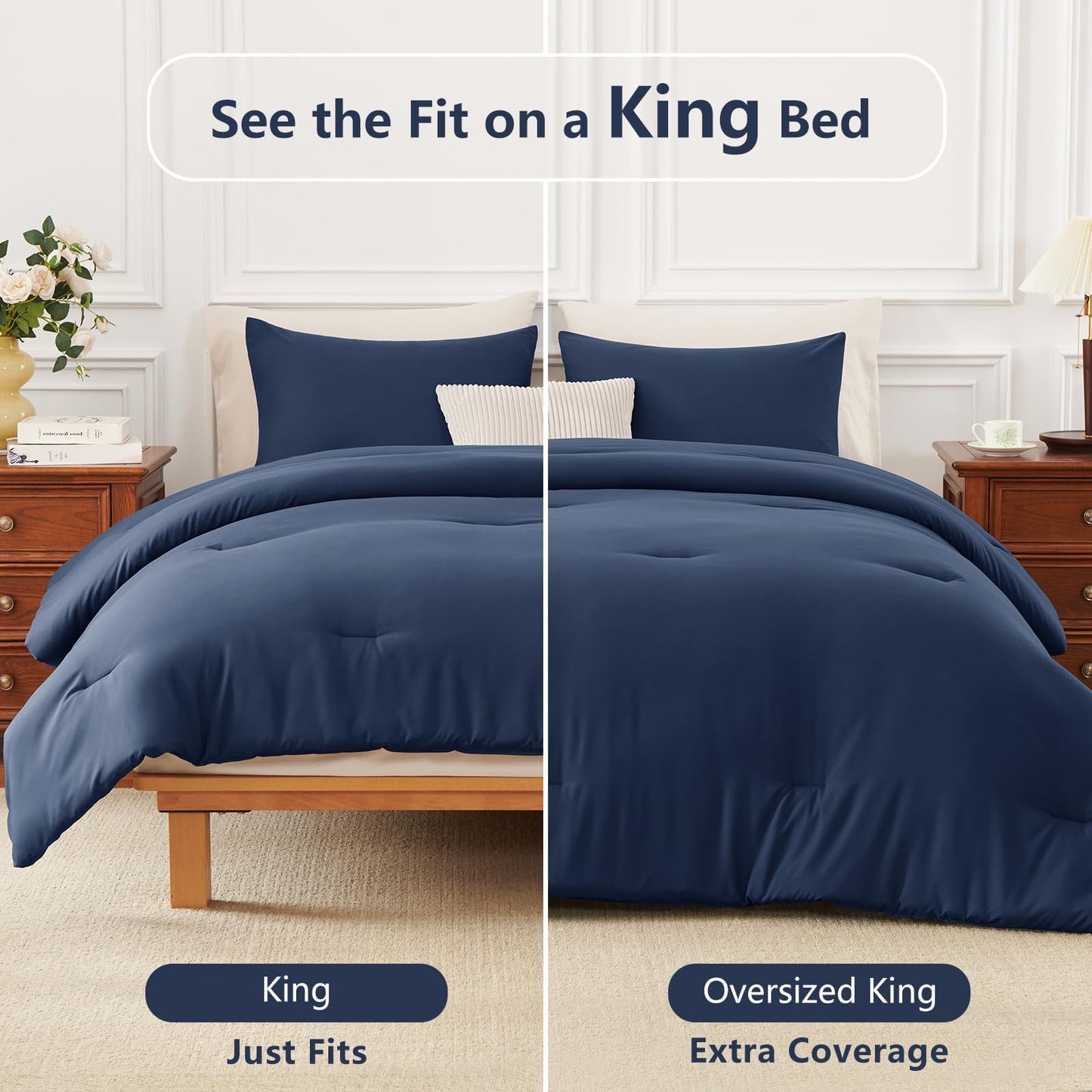 HIMEET King Comforter Set 3 Piece, 270GSM Down Alternative Fill, Oeko-TEX Certified, Quilted with 8 Corner Ties, All Season Bedroom Decor Bedding, 1 Comforter (104"x90") with 2 Pillowcases, Navy Blue
