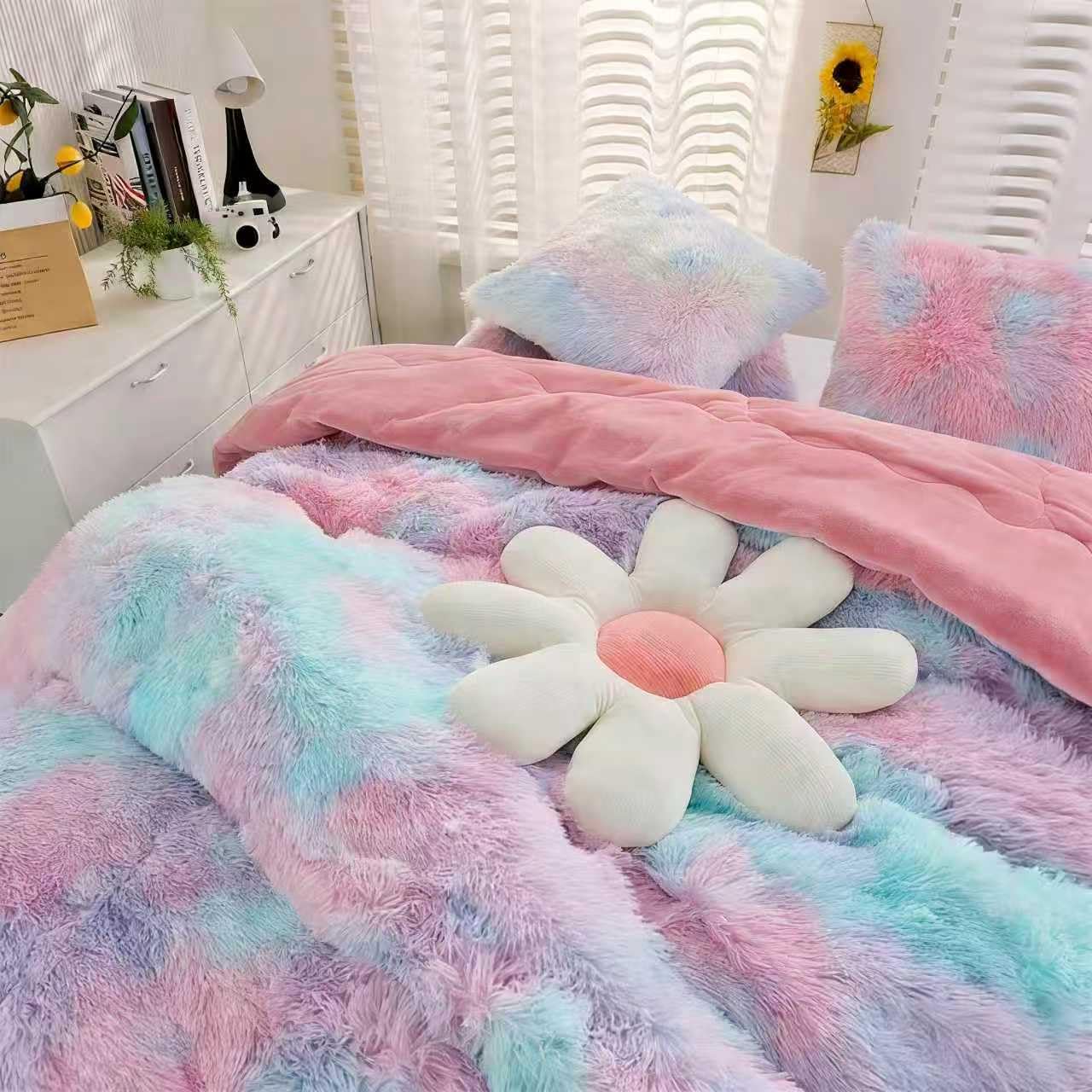 Roscloud Faux Fur Kids Girls Purple Rainbow Comforter Sets Twin/Full - 3PC Bed Set Warm Comfortable Soft Plush Flannel Velvet Fluffy Fuzzy Bedding（Comforter x 1 Pillowcases x 2）