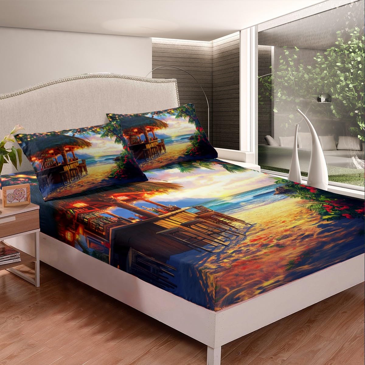 Erosebridal Tiki Bar Fitted Sheet Queen Size, Ocean Beach Bed Sheets Palm Tree Leaves Bedding Set for Kids Teens Adult Bedroom Decor, Tropical Hawaii Theme Sheets with 2 Pillow Cases