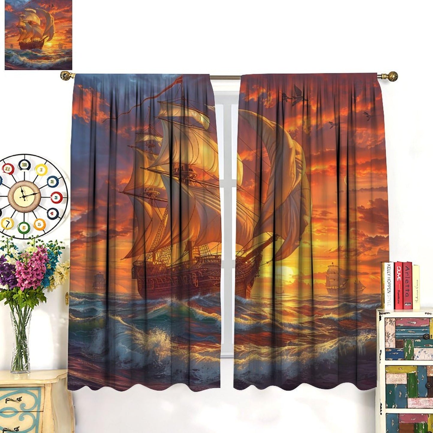 TOWINSFB Fine Sailboat Ship Ocean Blackout Curtains for Living Room Bedroom, Nature Landscape Window Curtains Rod Pocket Thermal Insulated Window Drapes, 2 Panels, Each 21" W x 63" L