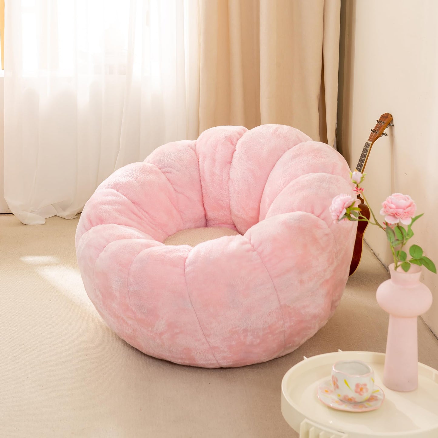 IEVENW Pumpkin Bean Bag Sofa Chair, Bean Bag Chair with Filler for Teens, Kids, Toddler, Comfy and Lazy Sofa for Dorm, Apartment, Living Room and Bedroom, Pink