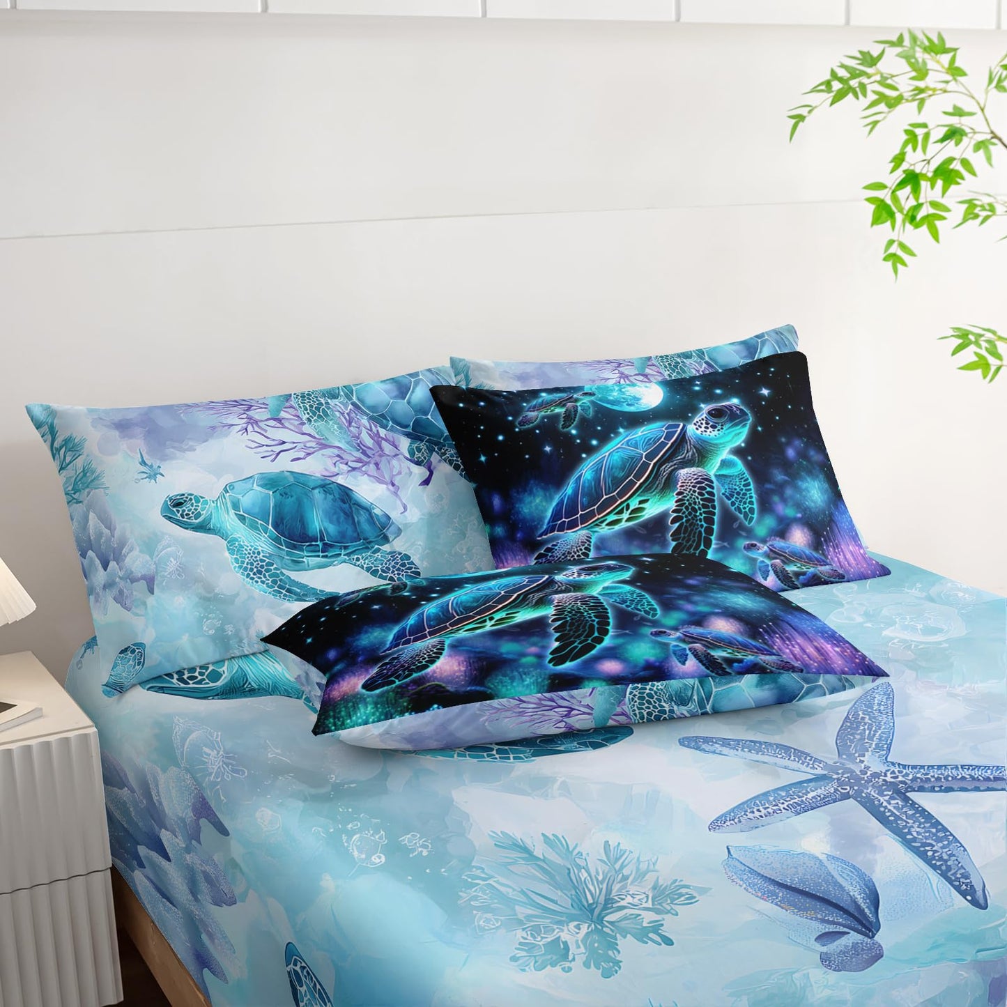 AILONEN Sea Turtle Comforter Set Twin Size,7-Piece Ocean Theme Bedding Coral Bed in a Bag,Evening Starry Moon Turtle Comforter & Fitted Sheet & Flat Sheet & 2 Pillowcases,2 Pillow Shams