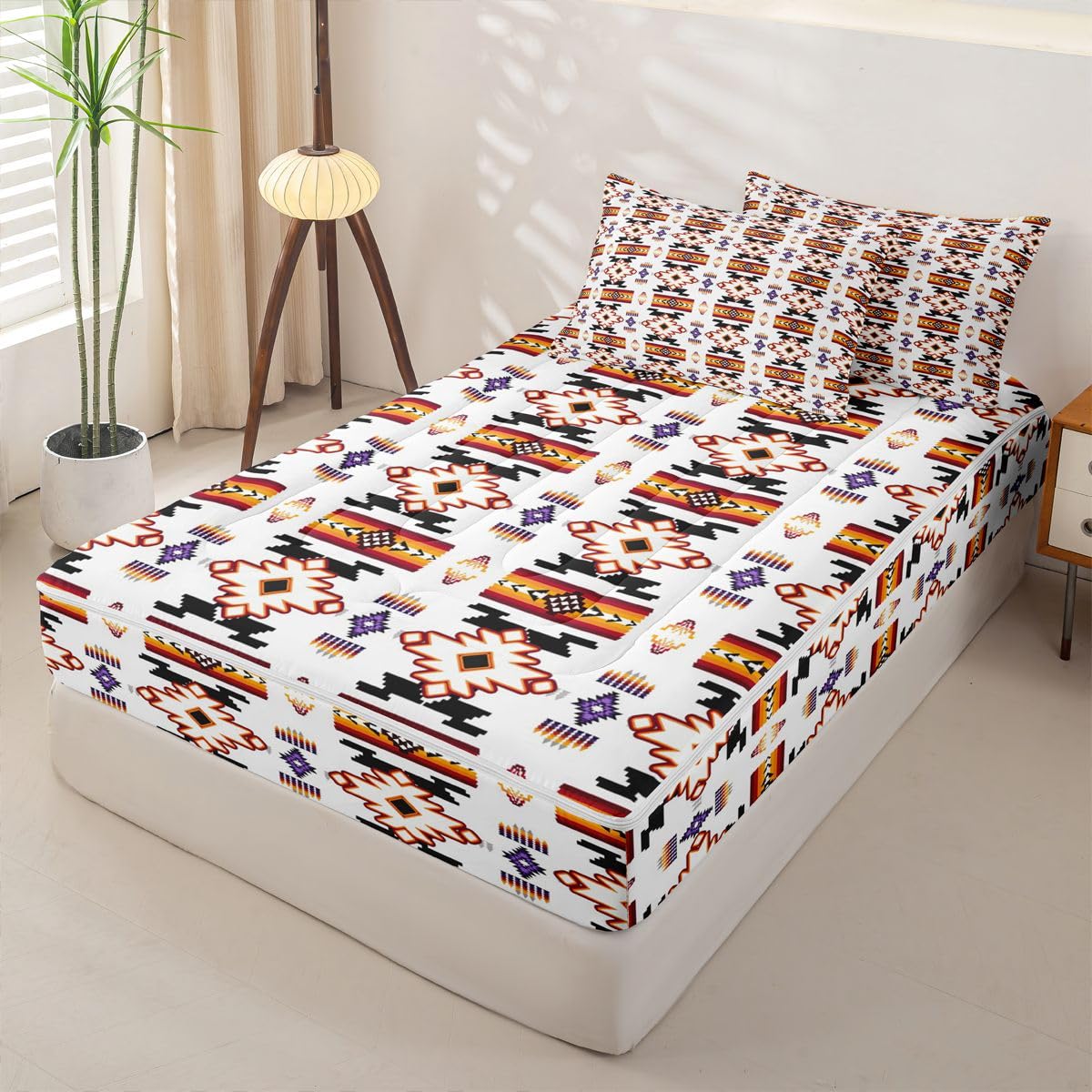 Erosebridal Western Aztec Zipper Bedding Queen Vintage Geometric Zip Up Bedding Set for Boys and Kids, Boho Western Bed in a Bag Native American Rustic Farmhouse Comforter Set with Sheets White