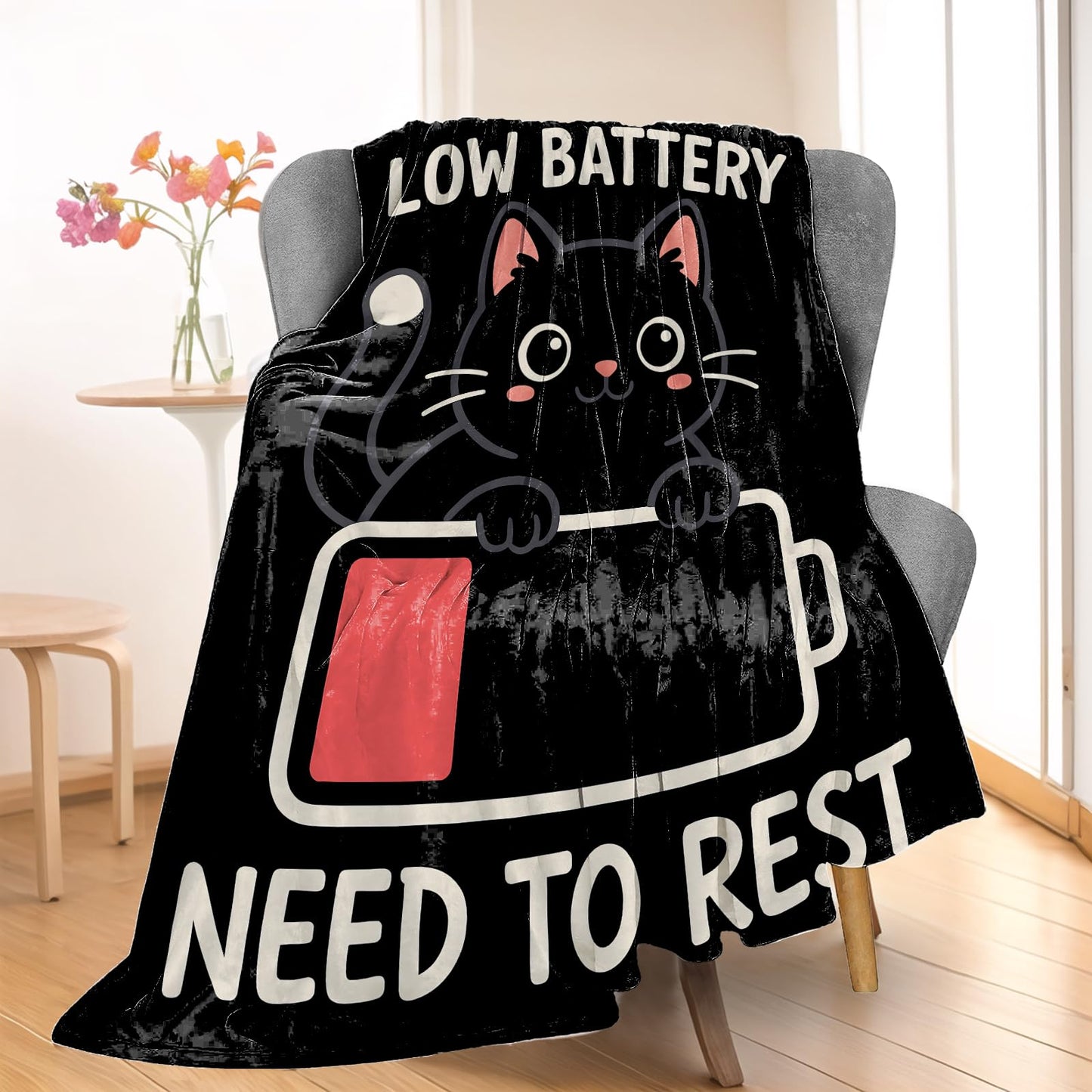 Wanoryer Low Battery Cat Blanket, Comfy & Warm Flannel Cute Black Kitten Throw Blanket for Couch, Gifts for Women Kids, Soft Fuzzy Lightweight Travel Bed Blankets for Decor 50"×60"