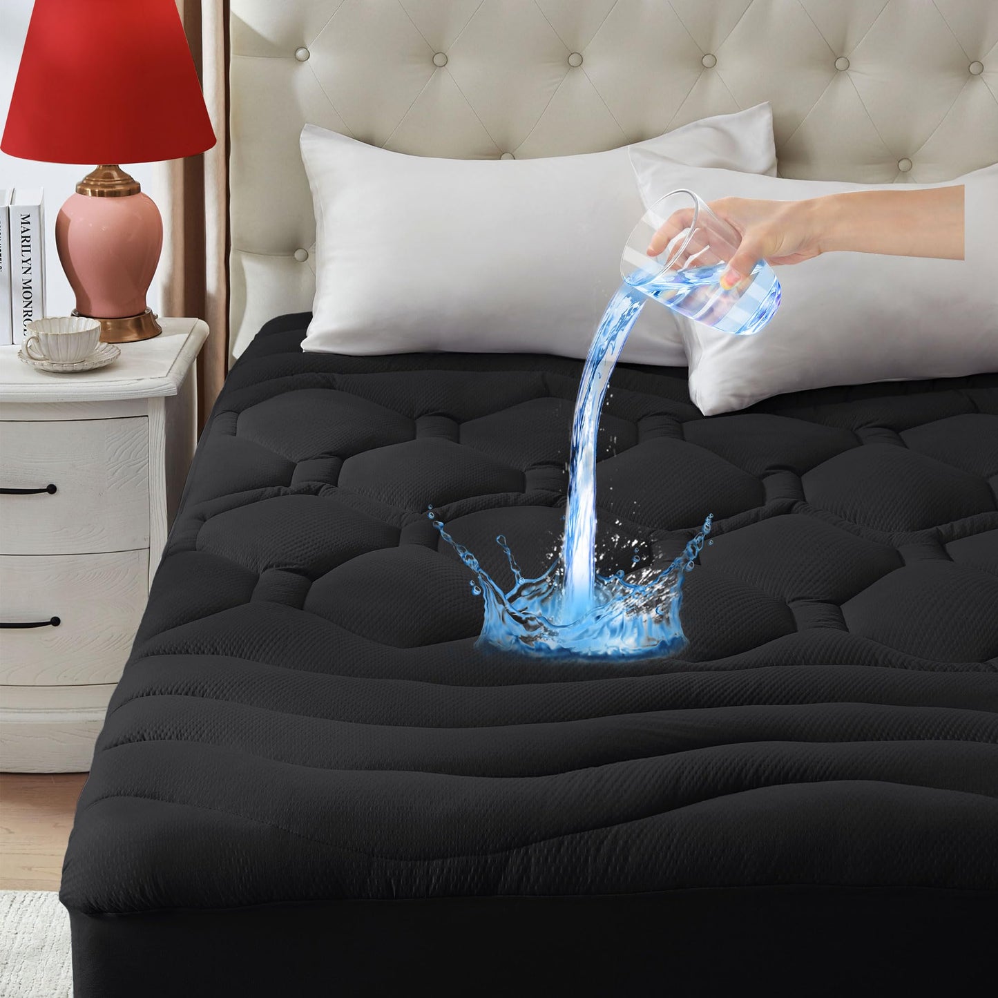 ELVEN HOME Queen Size Mattress Pad Waterproof, Pillow Top Cooling Mattress Topper Cover, Quilted Fitted Mattress Protector Washable, Deep Pocket 8-21" (60x80 inch, Black)