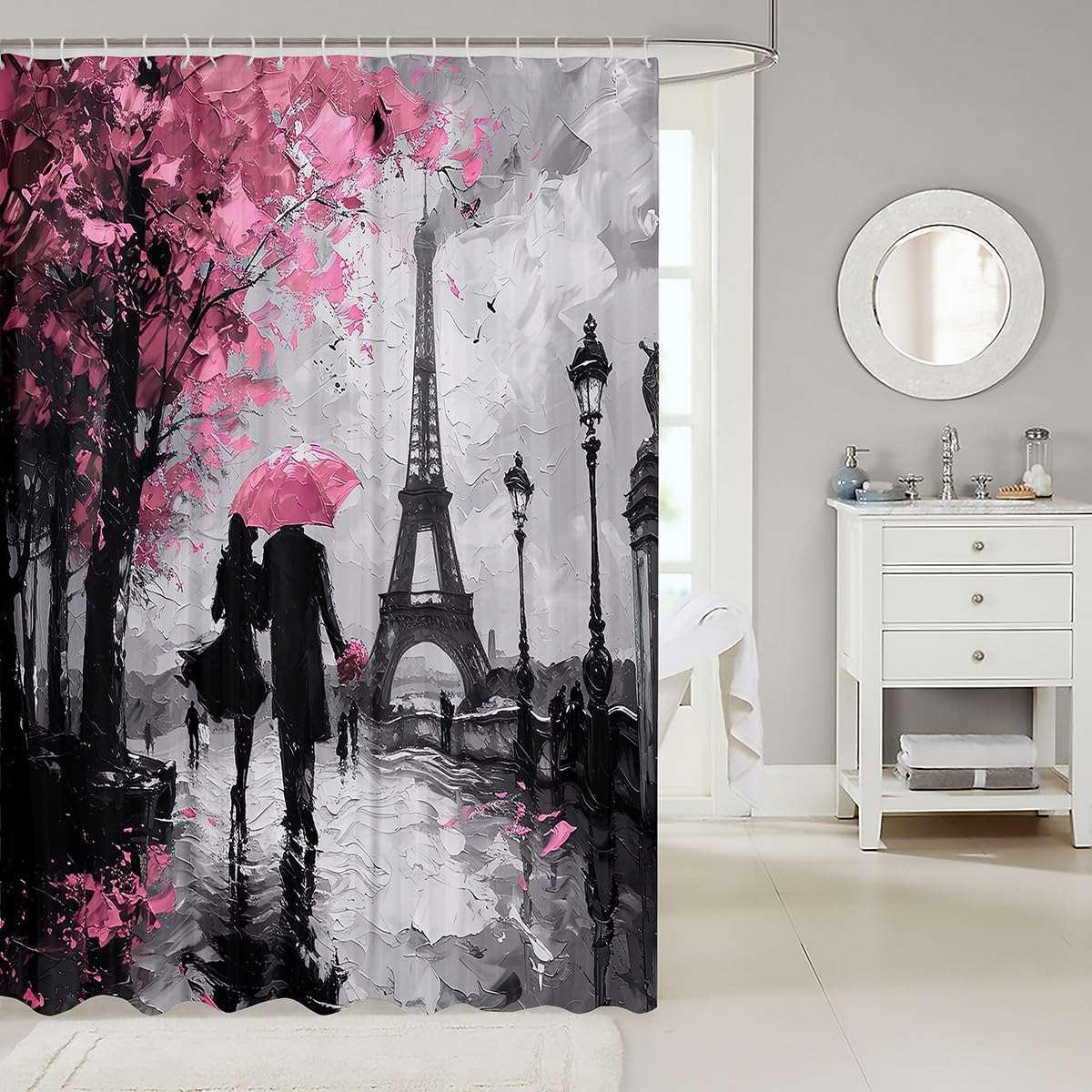 jejeloiu Eiffel Tower Shower Curtain 72"x78" Couple Romantic Paris Bathroom Shower Curtain Set for Girls Women Lover Valentine's Day Bath Curtain Pink France Trip Bathroom Accessories