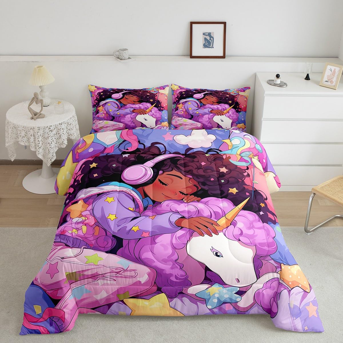 Erosebridal Black Girls Bedding Set Unicorn Afro Girl Twin Comforter Set for Girls,American African Princess Magical Cartoon Horse Quilt for Toddler Kids Teenager,Cute Room Decor