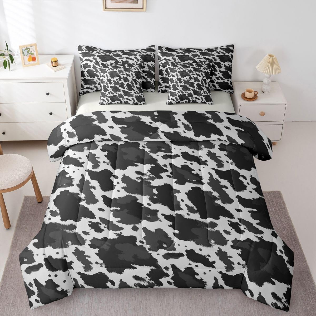 Erosebridal Cowhide Print 7 Piece Bedding Set Full Cow Skin Comforter Set with Sheets Cowboy Farmhouse Watercolors Bed in a Bag Western Animal Fur Pattern for Kids Boys Girls
