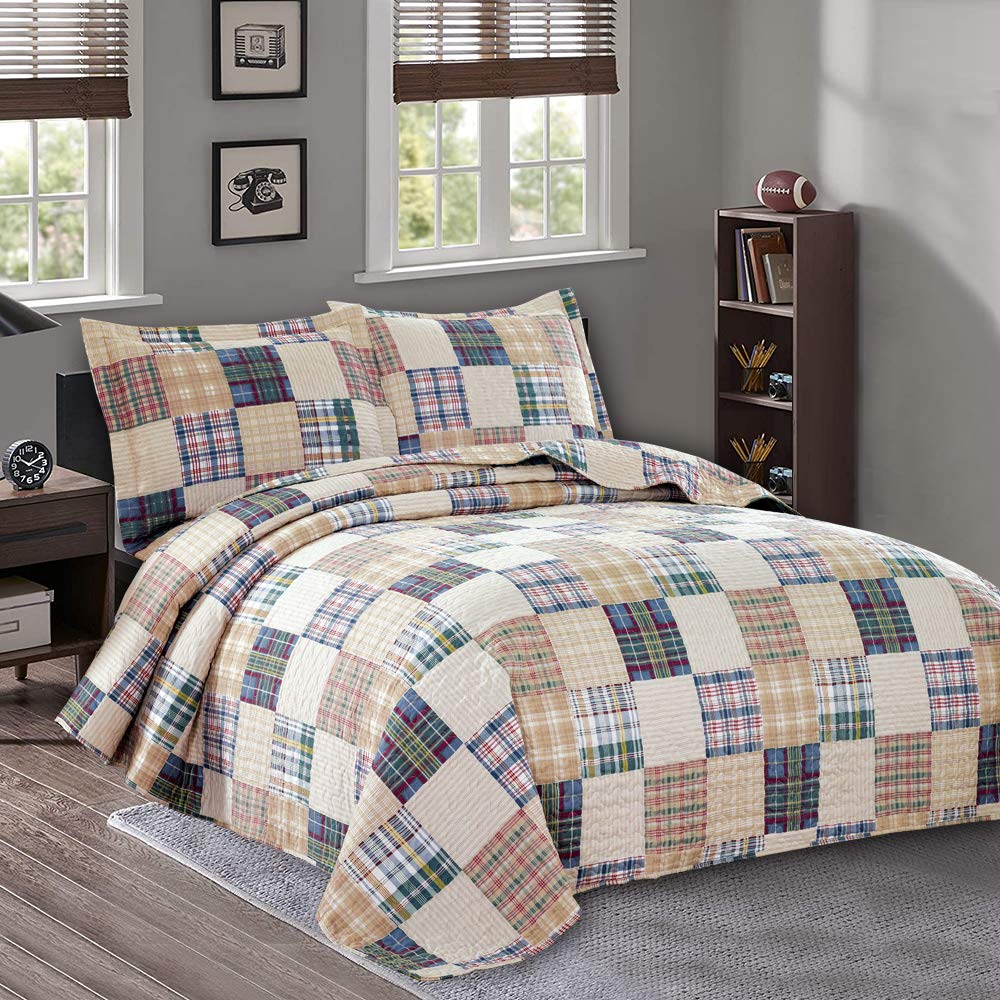 Quilt Set Queen Size Plaid Bedspread Coverlet Queen Quilts Patchwork Bedding Mens Plaid Collection Quilt Bedspread Lightweight Reversible Quilt Bedding Set Queen Bedspread with Pillow Shams,Beige