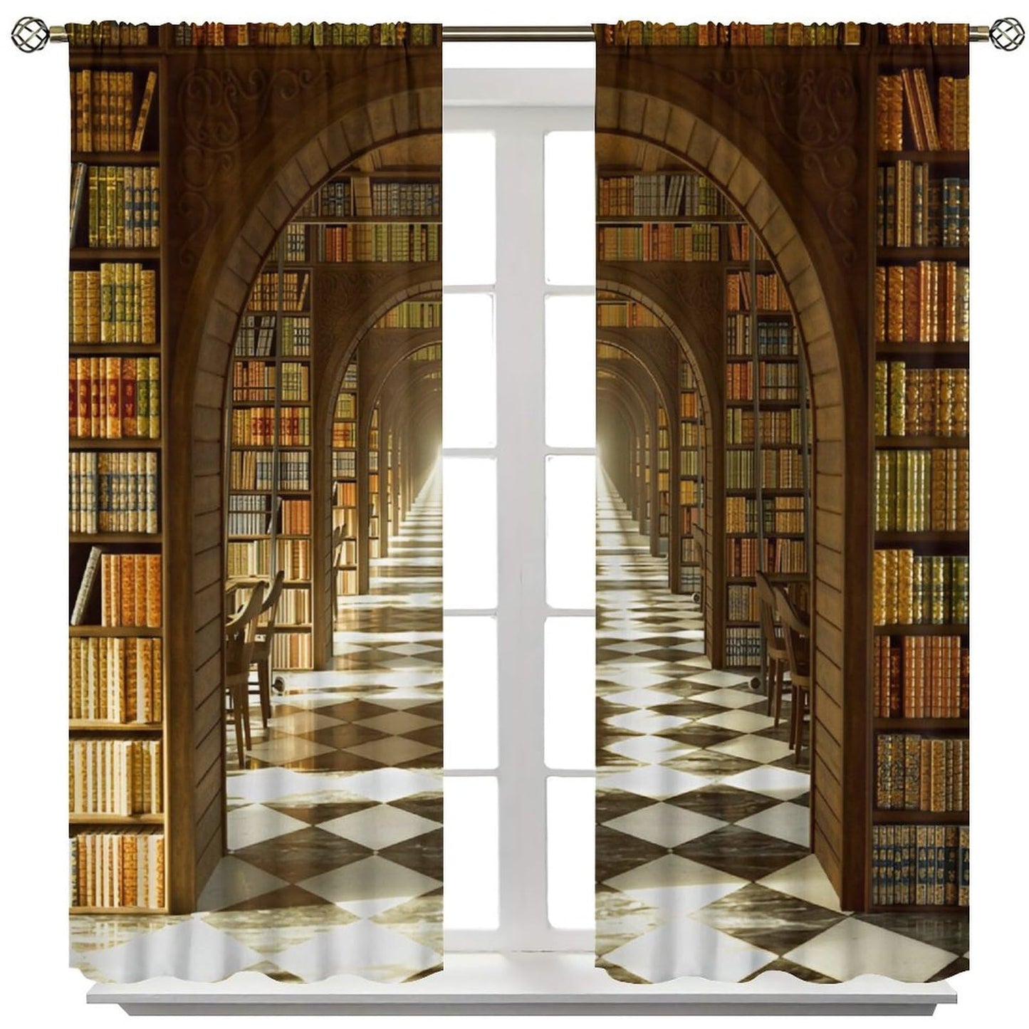 Nsbul Bookshelf Curtains, Vintage Library Books Window Treatments Antique Wooden Bookcase Drapes for Bedroom Living Room, 42" W X 45" L (No Blackout)