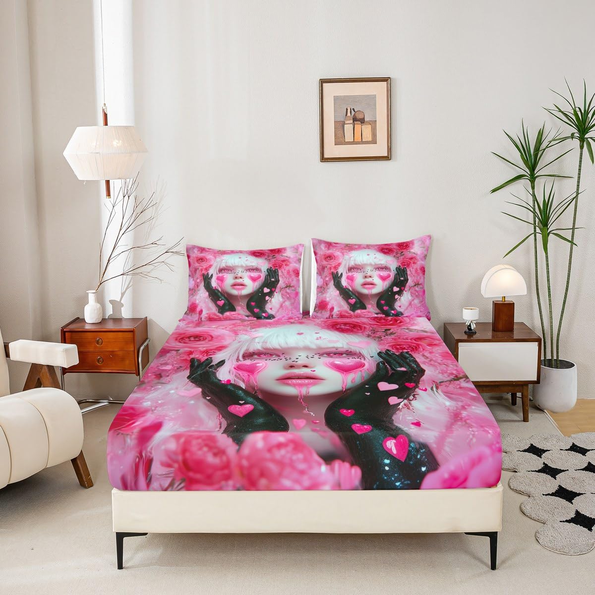 Erosebridal Pink Girl Sheet Set Twin Size Romance Rose Flowers Toddler Bedding Sets for Girls Anime Sheets, Modern Fashion Lady Art Bed Sheets Set Love Hearts Decorations with 1 Pillowcase