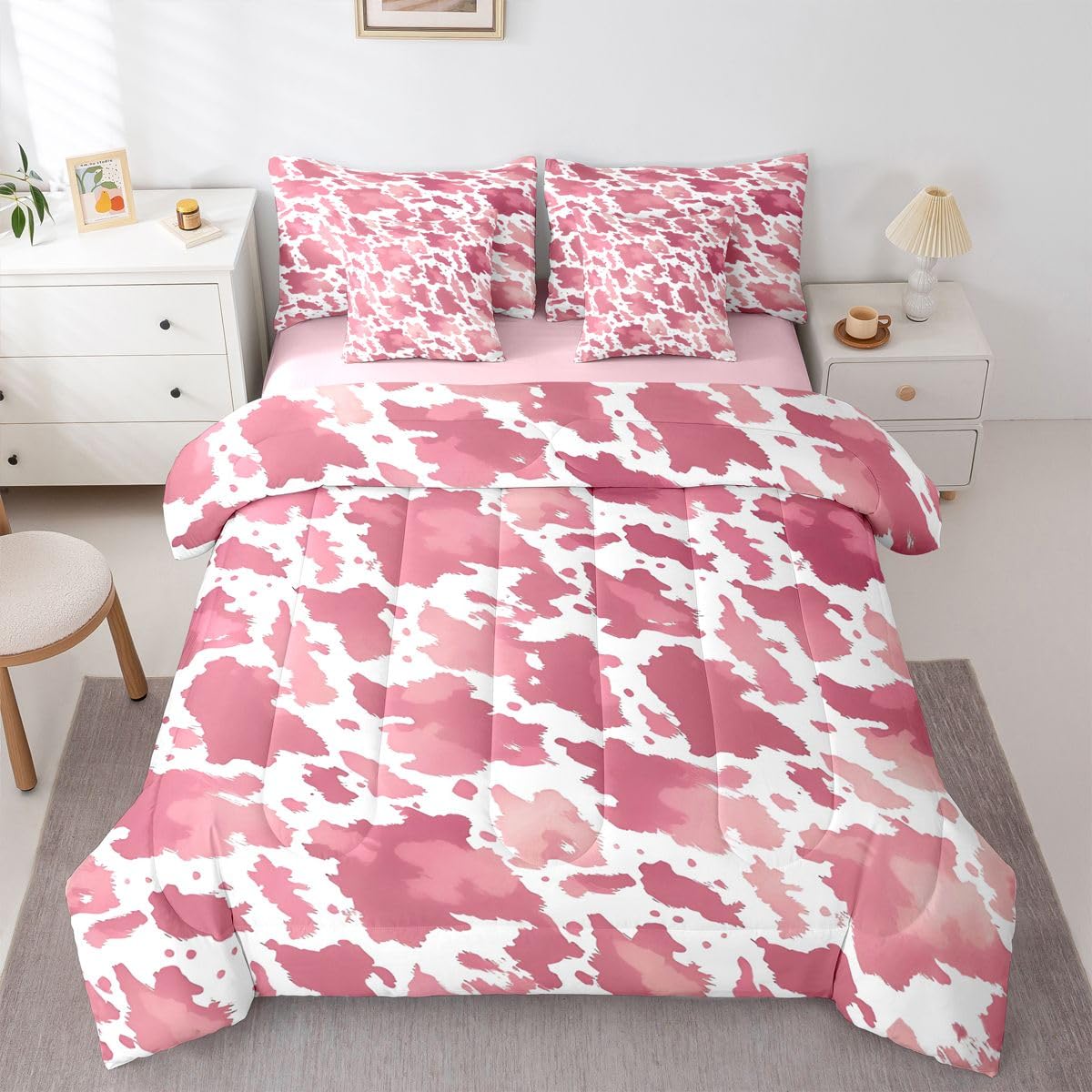 Erosebridal Cow 7 Piece Bedding Set Full Cowhide Print Comforter Set with Sheets Animal Fur Pattern Western Watercolors Bed in a Bag Cowboy Farmhouse Pink White for Kids Boys Girls