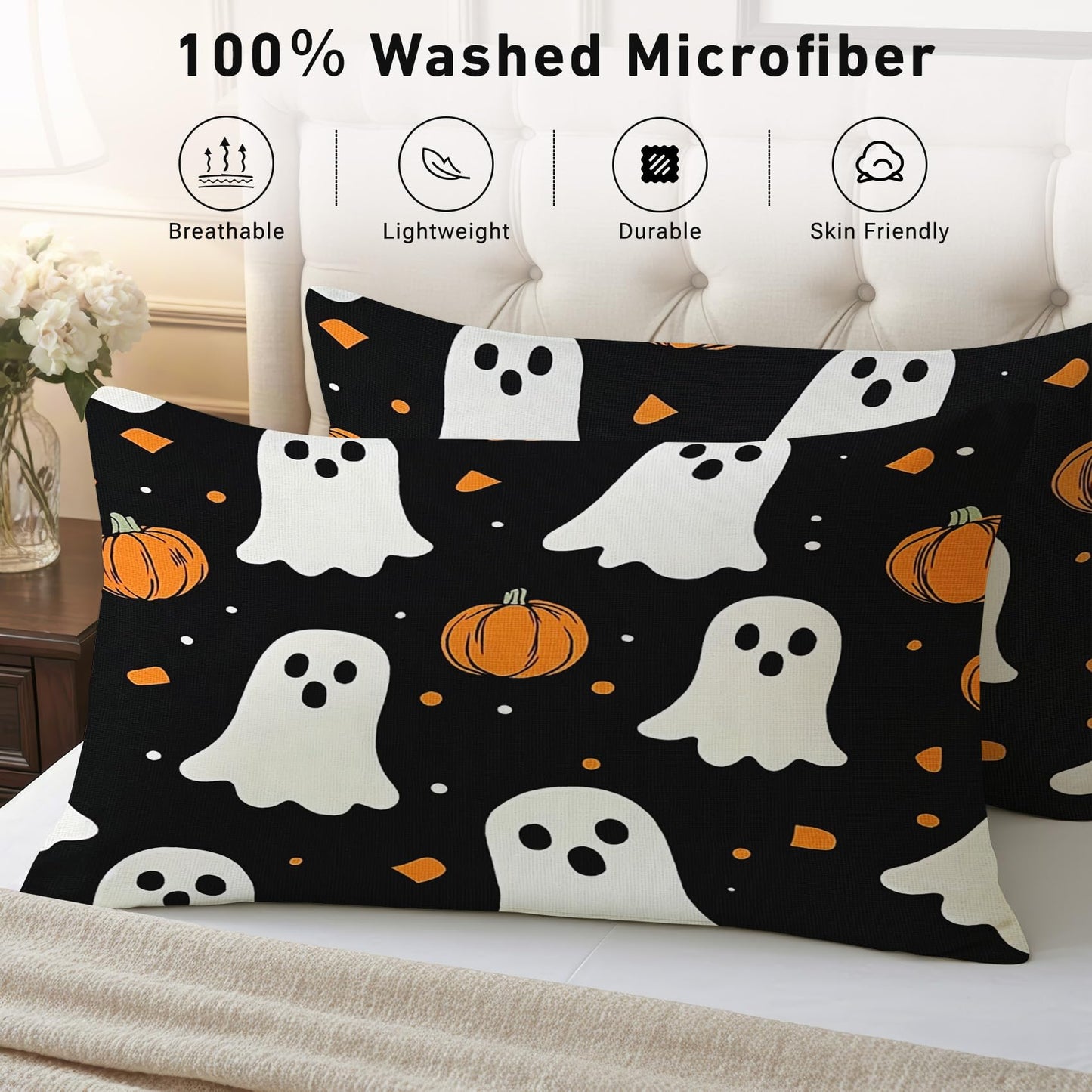 Halloween Sheets Twin Size - Cartoon Ghost Pumpkin Bed Sheet Set - Deep Pocket Soft Microfiber Bedding Set 3 Piece - Fitted Flat Sheet Pillowcase - Halloween Bedroom Decor & Gifts
