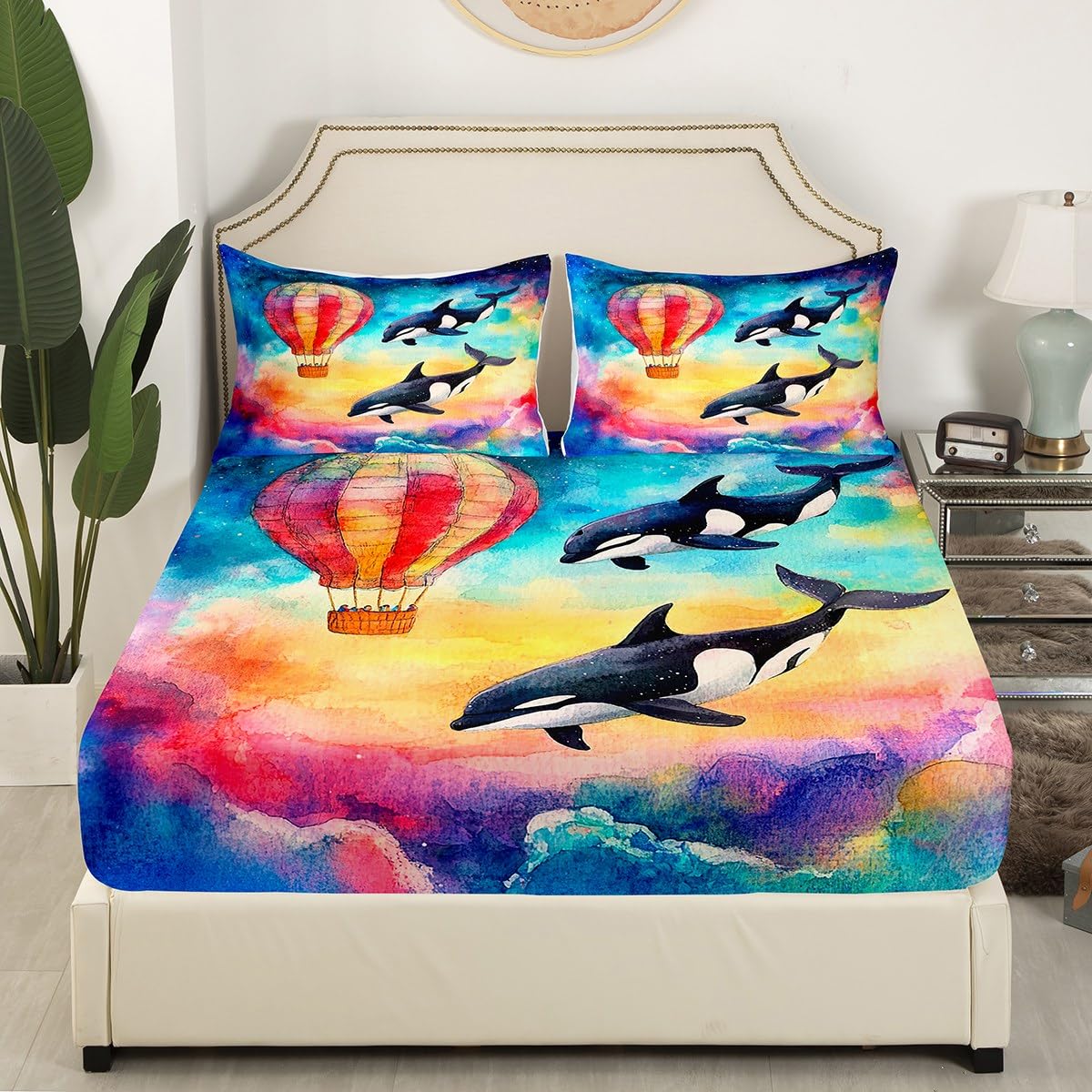 Feelyou Kids Valentine's Day Fitted Sheet Full Size, Cute Dolphin Bedding Set Rainbow Bed Sheet Set Boys Girls Romantic Teens Bed Cover Bedroom Decor Lightweight Bed Set (No Flat Sheet)