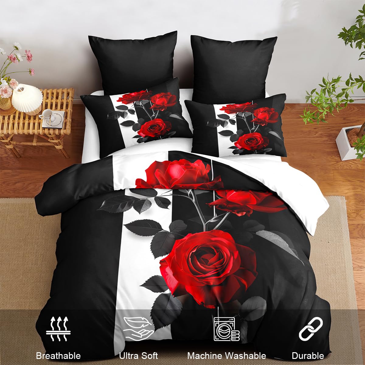 CCoutueChen Rose Comforter Set King Black Red Bedding Set Striped Floral Bedding for Women Aesthetic Comforter with 2 Pillowcases, Ultra Soft Lightweight 3Pieces
