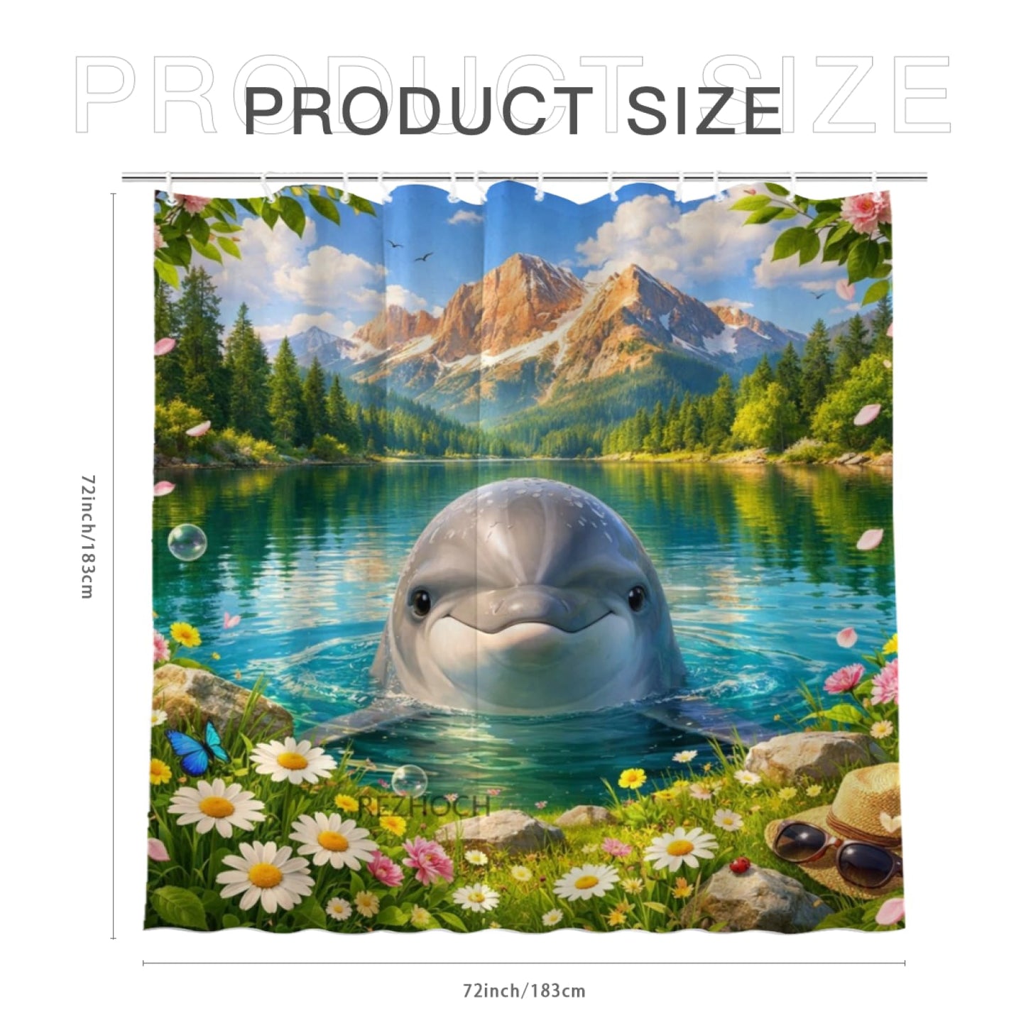 REZHOCH Funny Dolphin Alpine Lake Landscape Shower Curtain 72x72Inch Cute Animal Bathroom Decor Summer Wildflower Waterproof Fabric Nature Wildlife Scenic Bath Set with Hooks