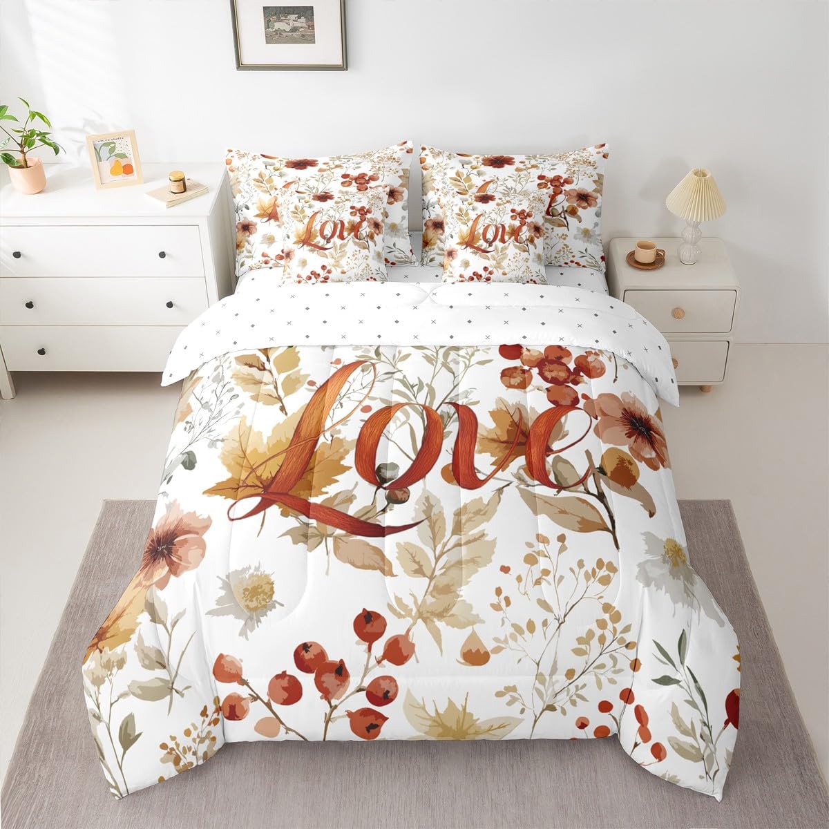 jejeloiu Fall Harvest Comforter Set Twin Size 7 Pieces Autumn Harvest Theme Bedding Set Autumn Leaves Bed in a Bag with Comforter, Sheets, Pillowcases, Cushion Covers Bedroom Decor