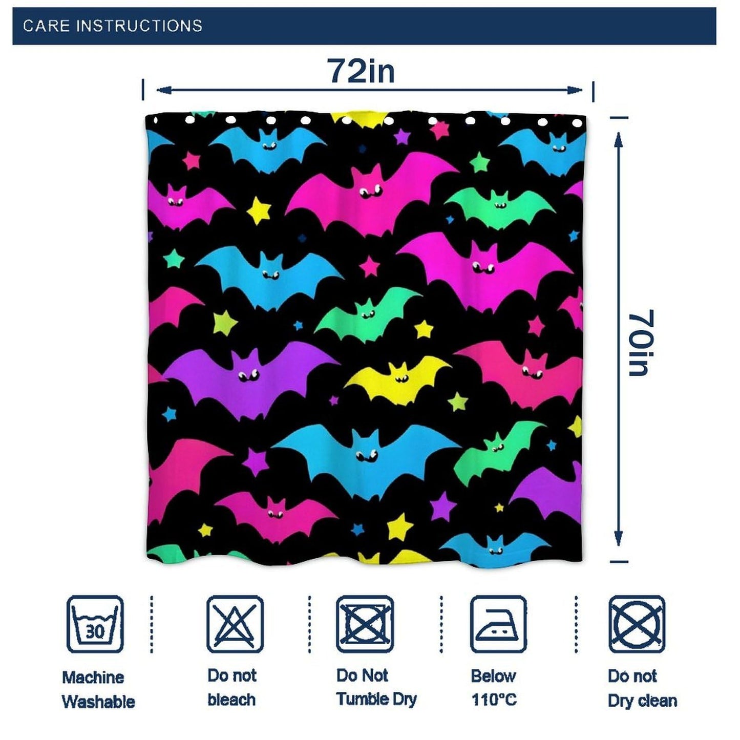 Meaudiwes Fashion Lightweight Shower Curtain Waterproof Bathroom Shower Curtain with 12 Hooks Halloween Cool Neon Bats, 72"x 70"
