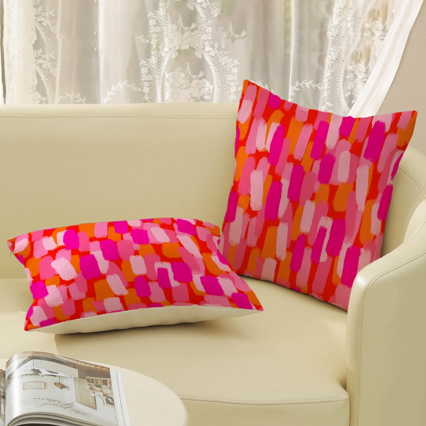 GOLIANDA Hot Pink Orange Pillow Covers 18x18 Inch Set of 2 Abstract Preppy Throw Pillows Painting Outdoor Decorative Pillow Cases Linen Aesthetic Boho Cushion Cover for Couch Home Sofa Bed Decor