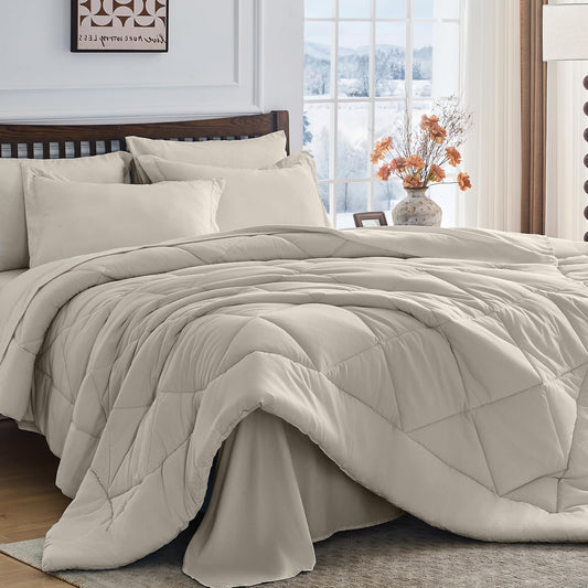 HEVUMYI Linen Queen Comforter Set - 7-Piece All Season Bed in a Bag Queen, Ultra Soft Bedding Set with Comforter, Flat Sheet, Fitted Sheet, Pillowcases, Pillow Shams