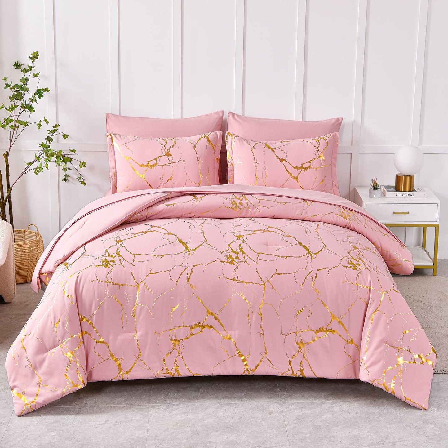 Yogeneg Gold Metallic Marble King Size Comforter Set,7 Piece Bed in a Bag,Foil Print Glitter Pink Comforter and Sheet Set,All Season Soft Microfiber Complete Bedding Sets(Pink,King)