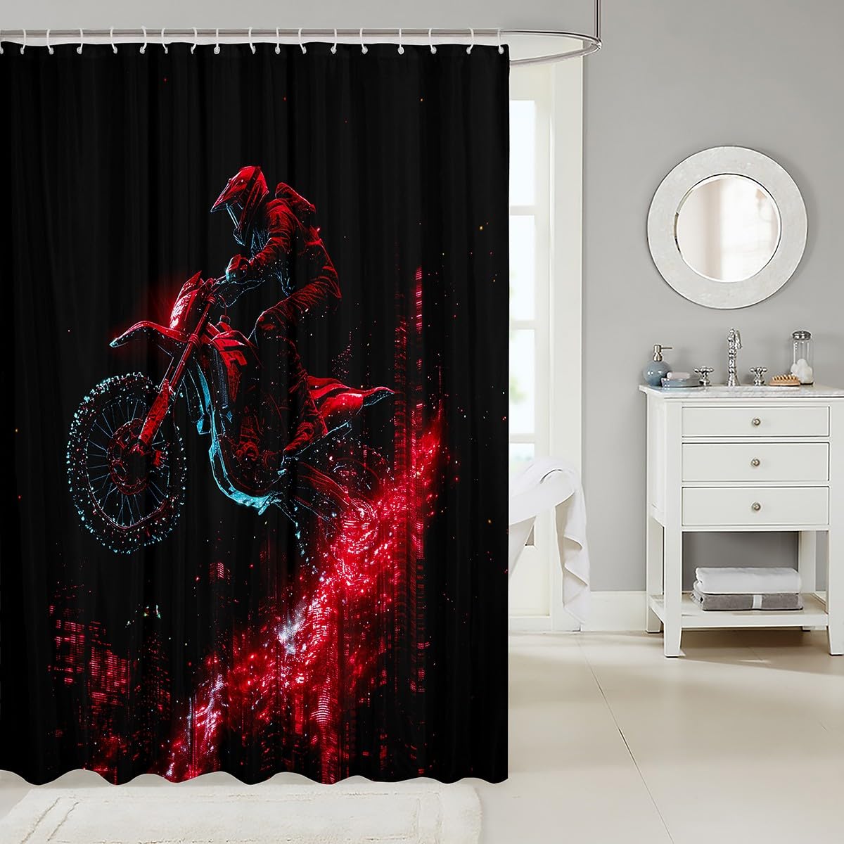 Feelyou Kids Dirt Bike Bath Curtain Racing Motocross Rider Shower Curtain Motorbike Bathroom Shower Curtain Set Boys Girls Extreme Sports Teens Bathroom Accessories Bedroom Decor 72"x78"