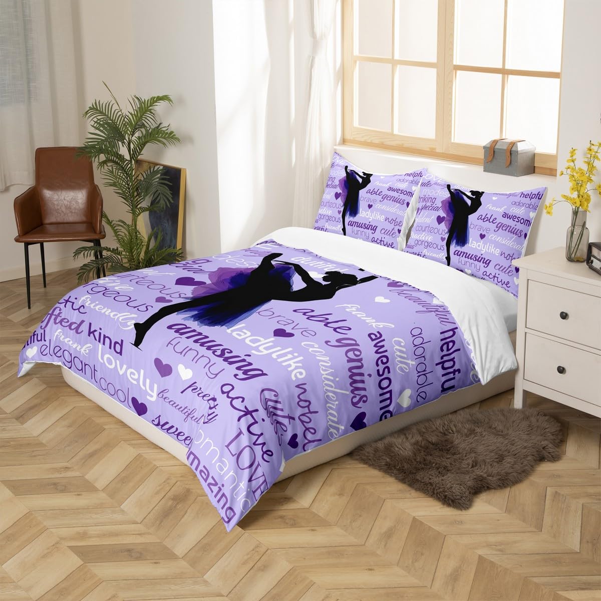 Gymnastics Ballet Lovers Duvet Cover Set Queen,Beauty Silhouette Bedding Set 3pcs for Kids Teens Adults Room Decor,Inspirational Quotes Comforter Cover Purple Romantic Quilt Cover with 2 Pillowcases