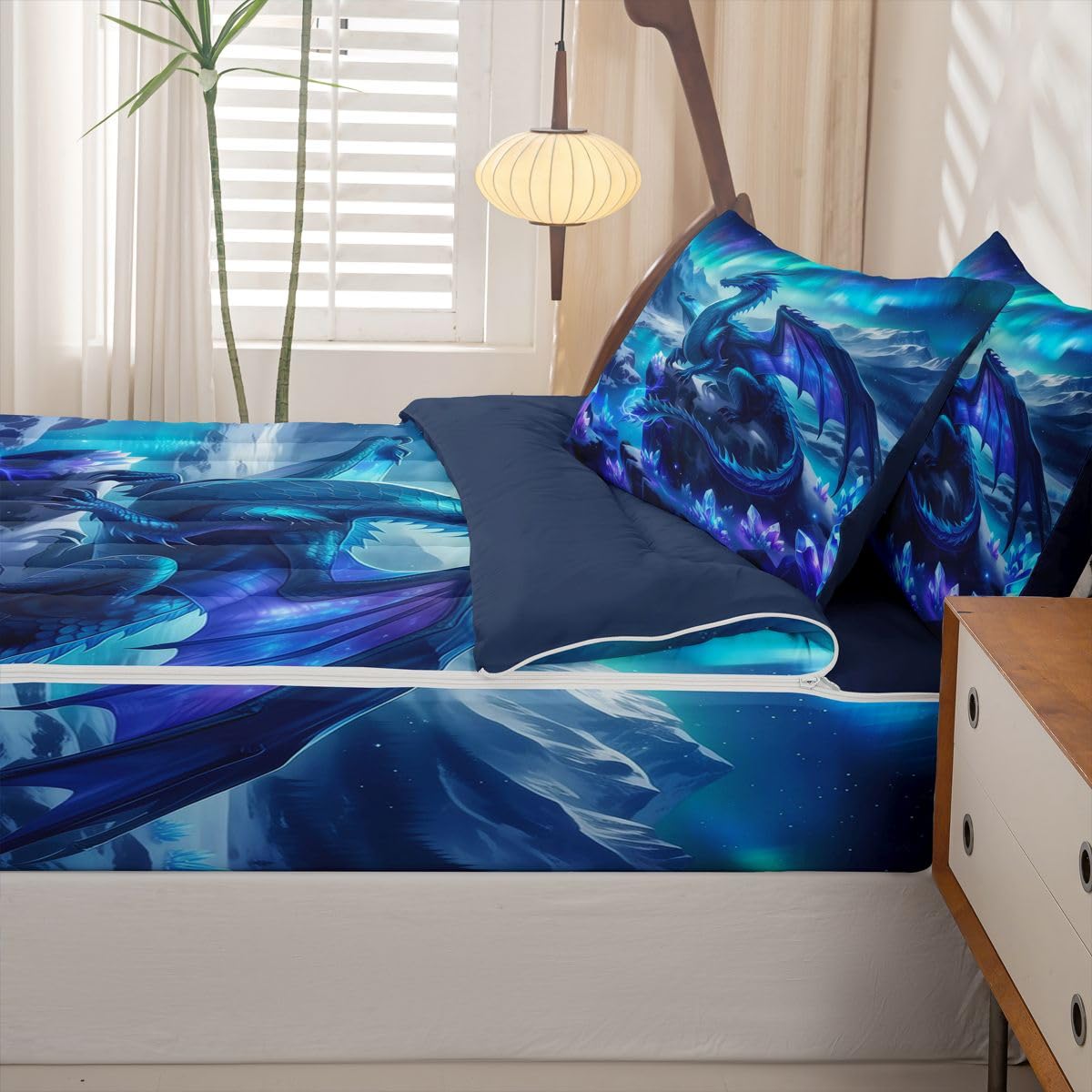 jejeloiu Flying Dragon Comforter Set Twin Fantasy Animal Zipper Bedding Set for Kids Boys Girls Outer Space Galaxy Bed in a Bag Aesthetic Aurora Microfiber with 2 Pillow Cases