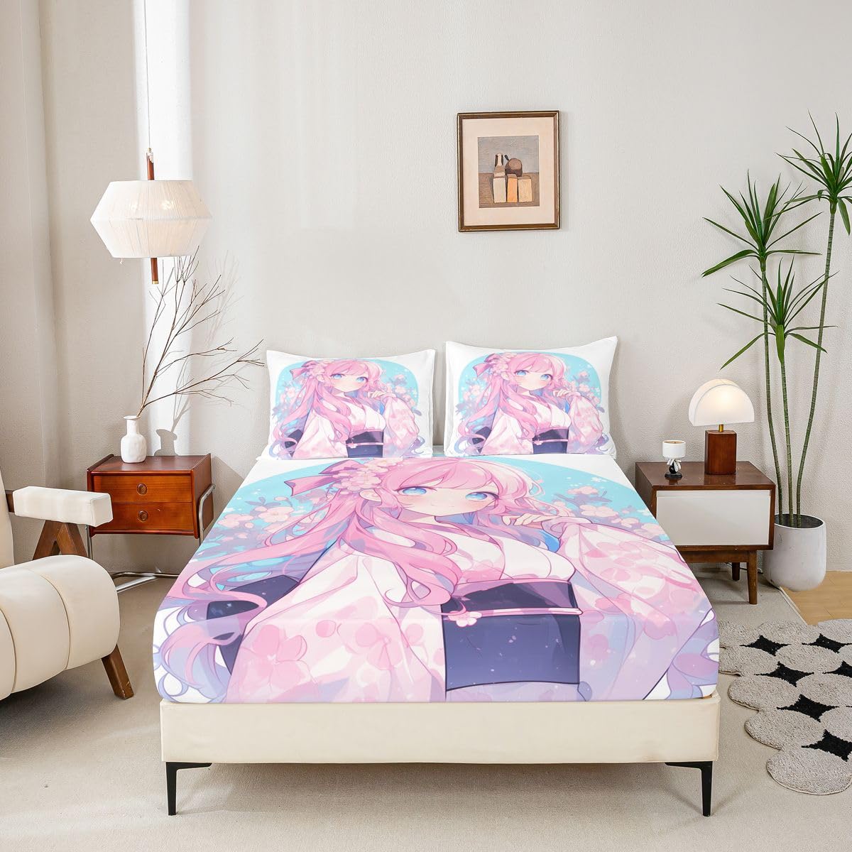 Erosebridal Girls Bed Sheets Set Japanese Style Sheet Set Twin, 3D Anime Girl Sheets Cartoon Kawaii Kimono Girl Top Fitted Sheet Romantic Gifts for Her (1 Top Sheet 1 Fitted Sheet 1 Pillow Case)