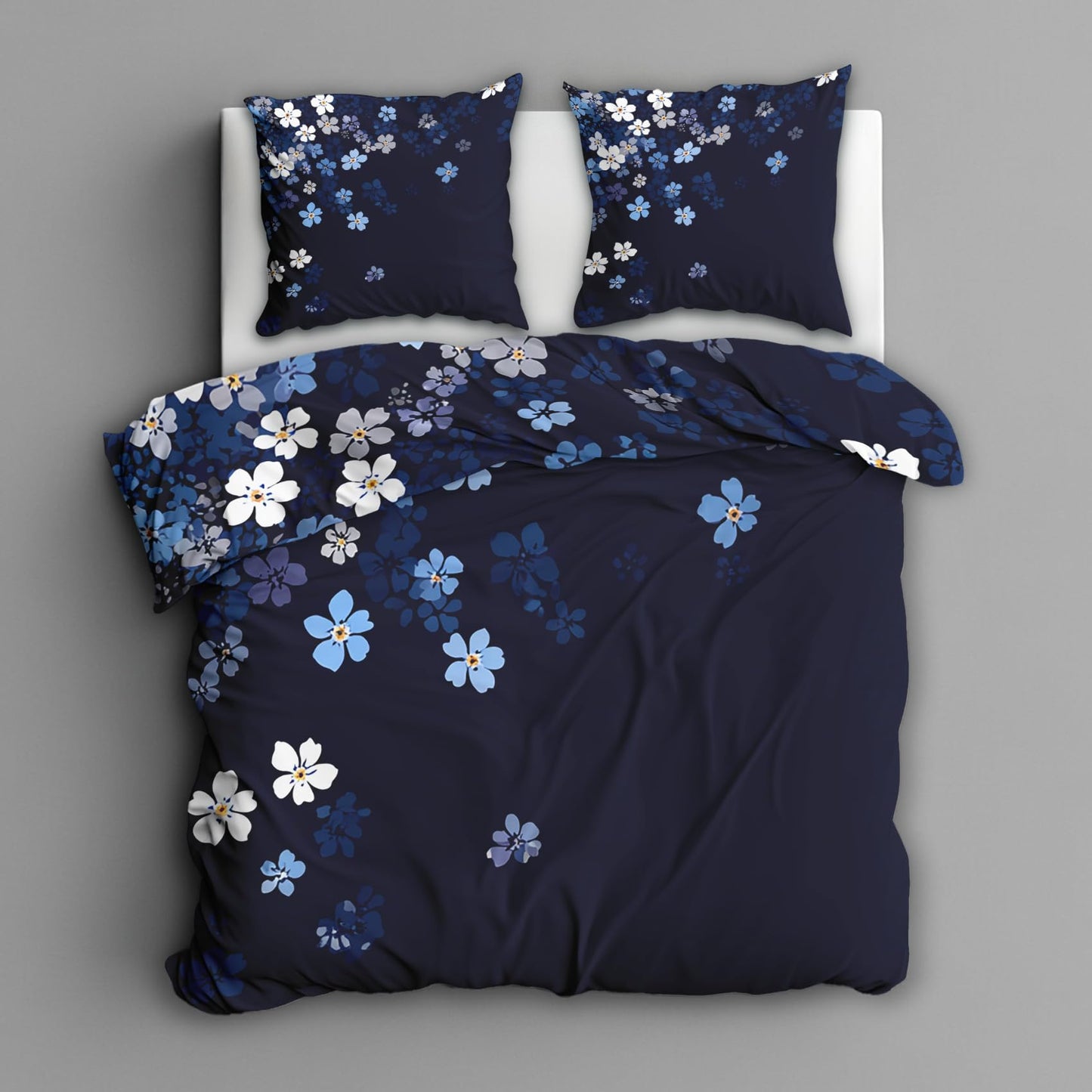 Navy Blue Floral King Size Duvet Cover Set 3 Piece, Botanical Flower Reversible Bedding with 2 Pillow Shams, Zipper & Ties, Ultra Soft Microfiber, Floral Bedroom Decorations 46A-I