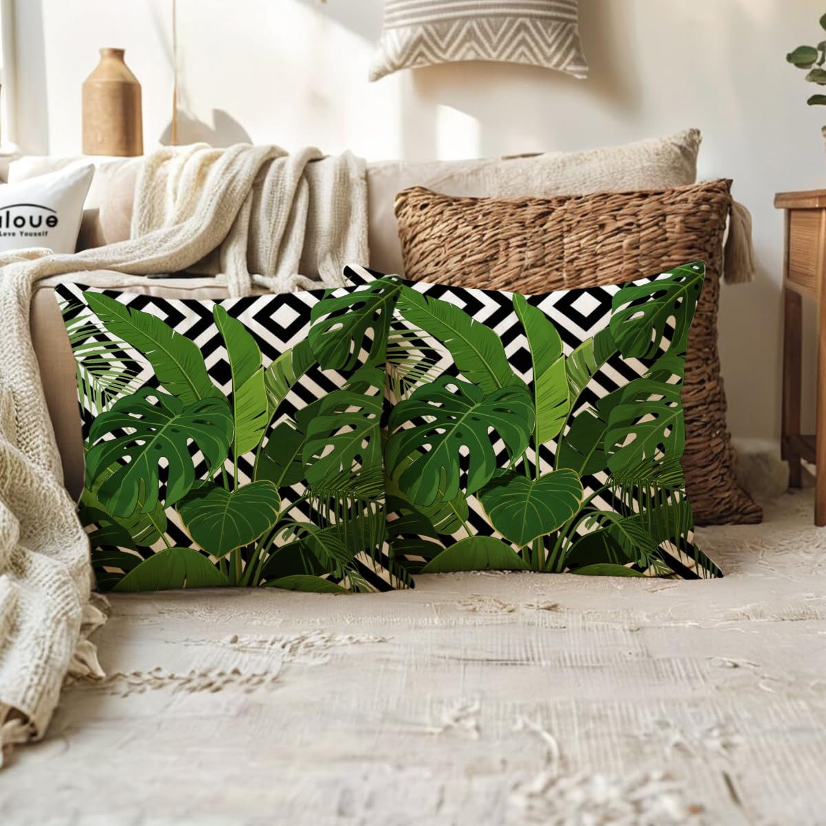 ULOVE LOVE YOURSELF 2Pack Tropical Green Leaves Throw Pillow Cover with Geometric Background Home Decorative Square Cushion Covers Summer Home Decor Palm Pillowcase 18 X 18 Inch(Palm Tree)