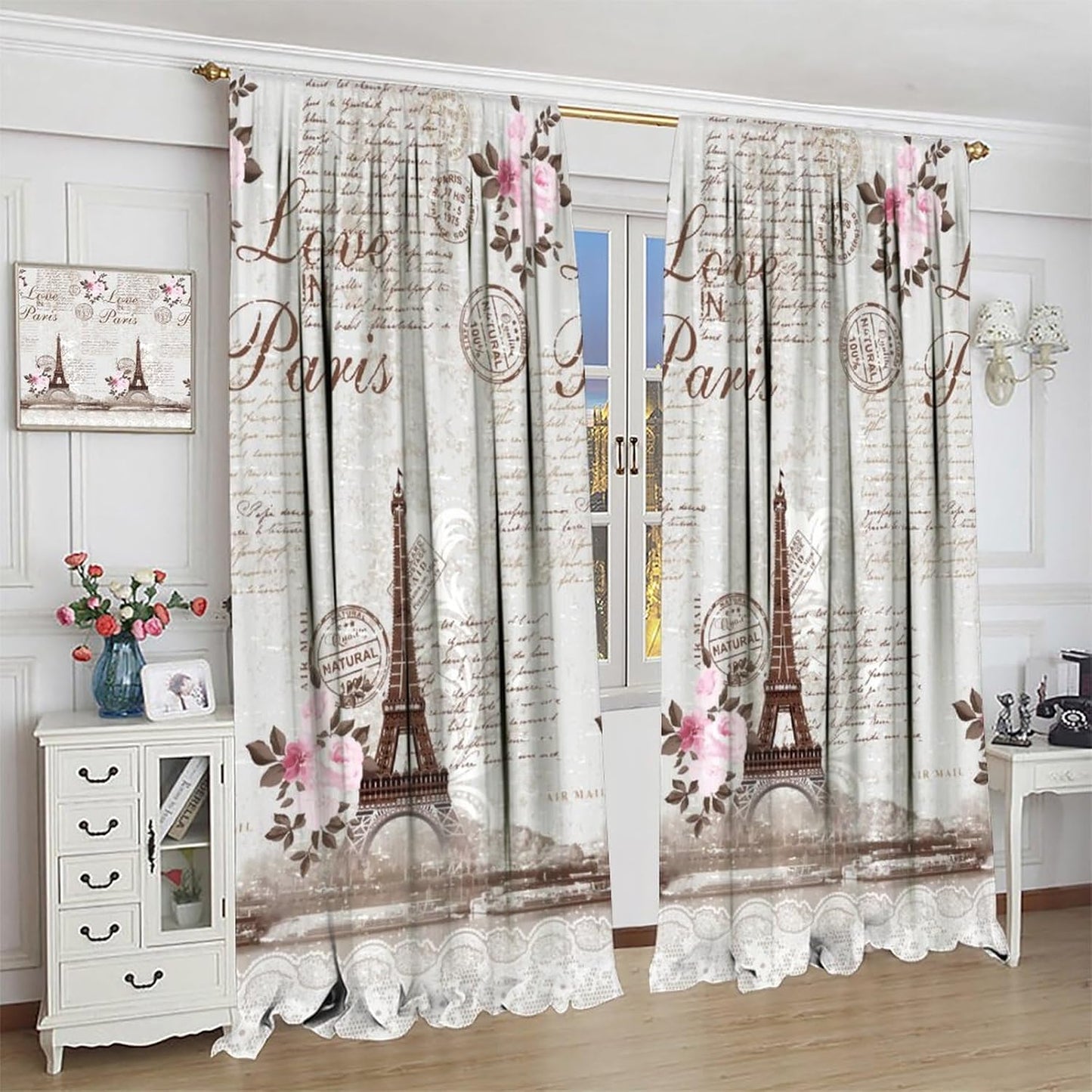HZOHNAGO Paris Eiffel Tower Curtains Retro Pink Flowers Towers Pattern Blackout Print Rod Pocket Window Drapes for Bedroom Living Room 42x45in