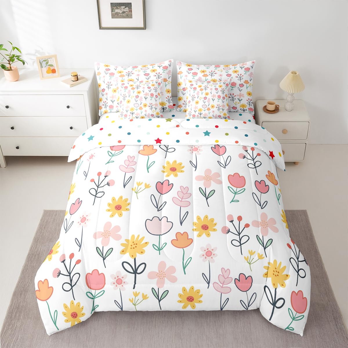 Feelyou Floral Comforter Set with Sheets 7 Piece Queen Size Plant Bedding Set for Kids Boys Girls Farmhouse Garden Bed in a Bag Cute Room Decor Pink Yellow White Soft Lightweight Microfiber
