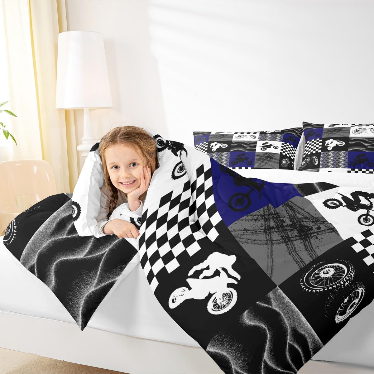 Dirt Bike Comforter Set, Motocross Rider Bedding Comforter Sets King, Motorcycle Grunge Down Comforter for Kids Boys Adult Men, Motorbike Extreme Sport Game Comforter, Buffalo Plaid, Blue Grey Black