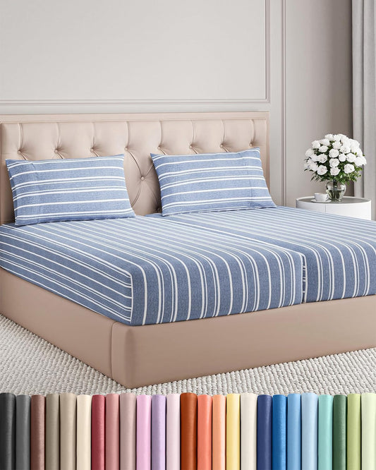 Split King Size 5 Piece Sheet Set - Comfy Breathable & Cooling Sheets - Hotel Luxury Bed Sheets for Women & Men - Deep Pockets, Easy-Fit, Soft & Wrinkle Free Sheets - Blue Stripes Oeko-Tex Bed Sheets