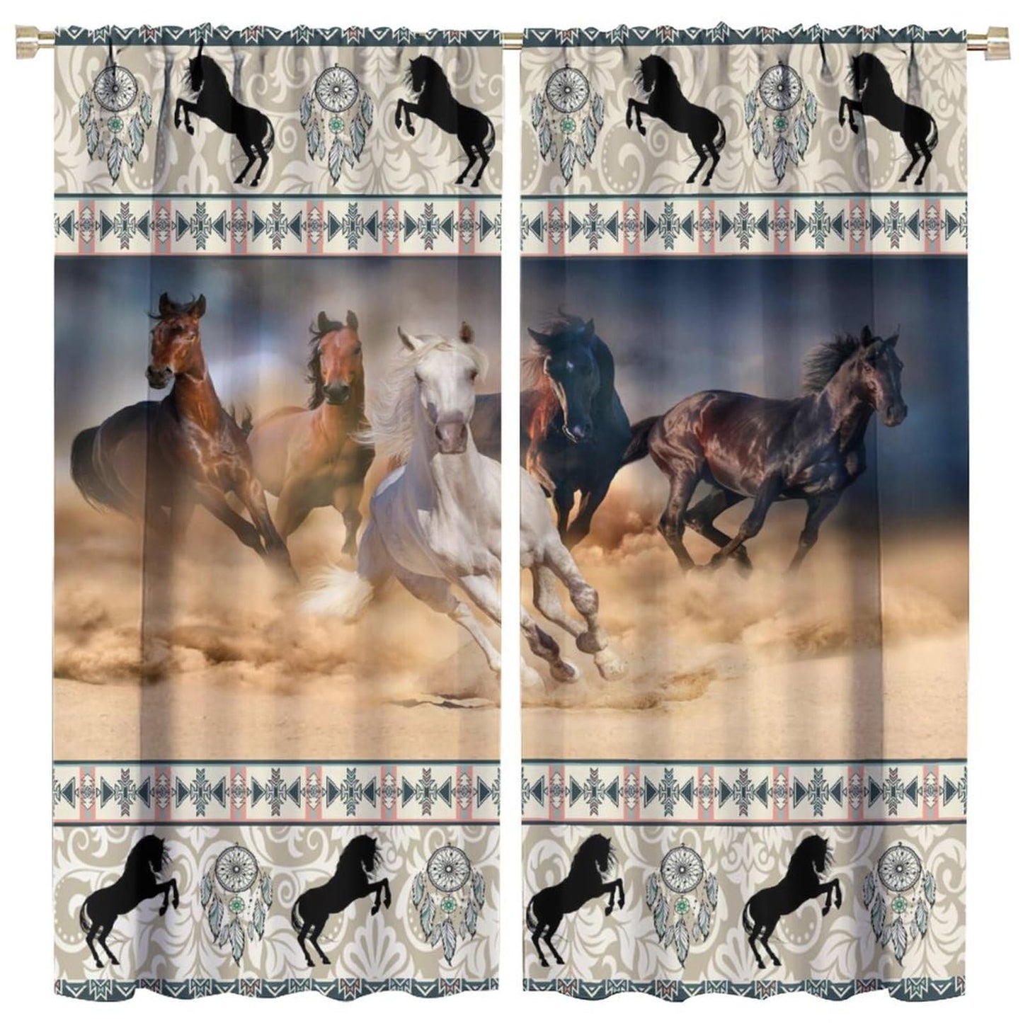LOMADIA Horse Blackout Curtain, Western Rustic Farmhouse Aztec Style Drapes Farm Animals Run Horse Window 2 Panels Rod Pocket Curtain for Kitchen Living Room Bedroom Office Decor 42x45in