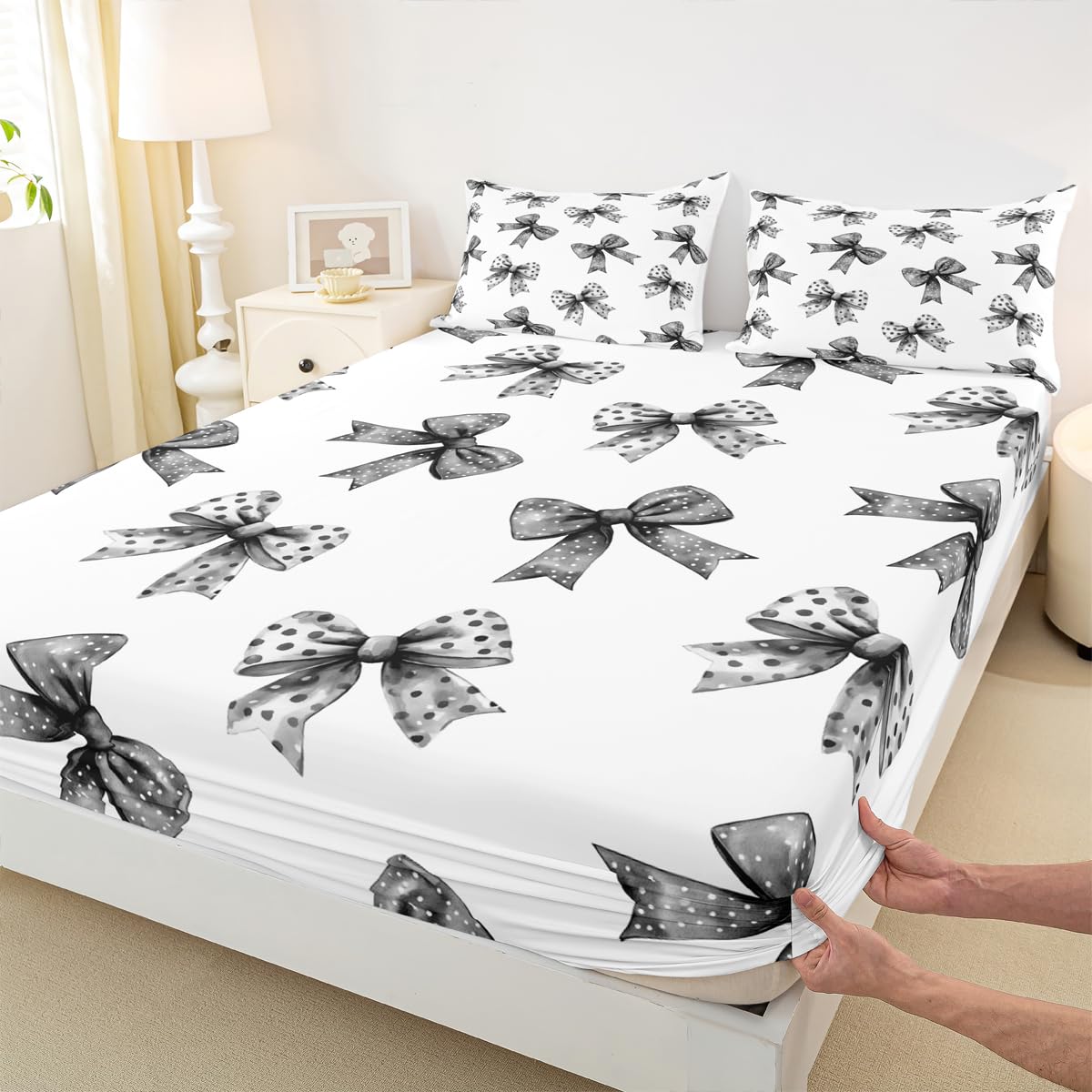 Erosebridal Bow Sheets for Boys Girls Ribbon Black Bow Fitted Sheet,Coquette Bowknot with Dots Kids Bedding Sets Dreamy Princess Bowtie Bed Sets Queen 3 Piece