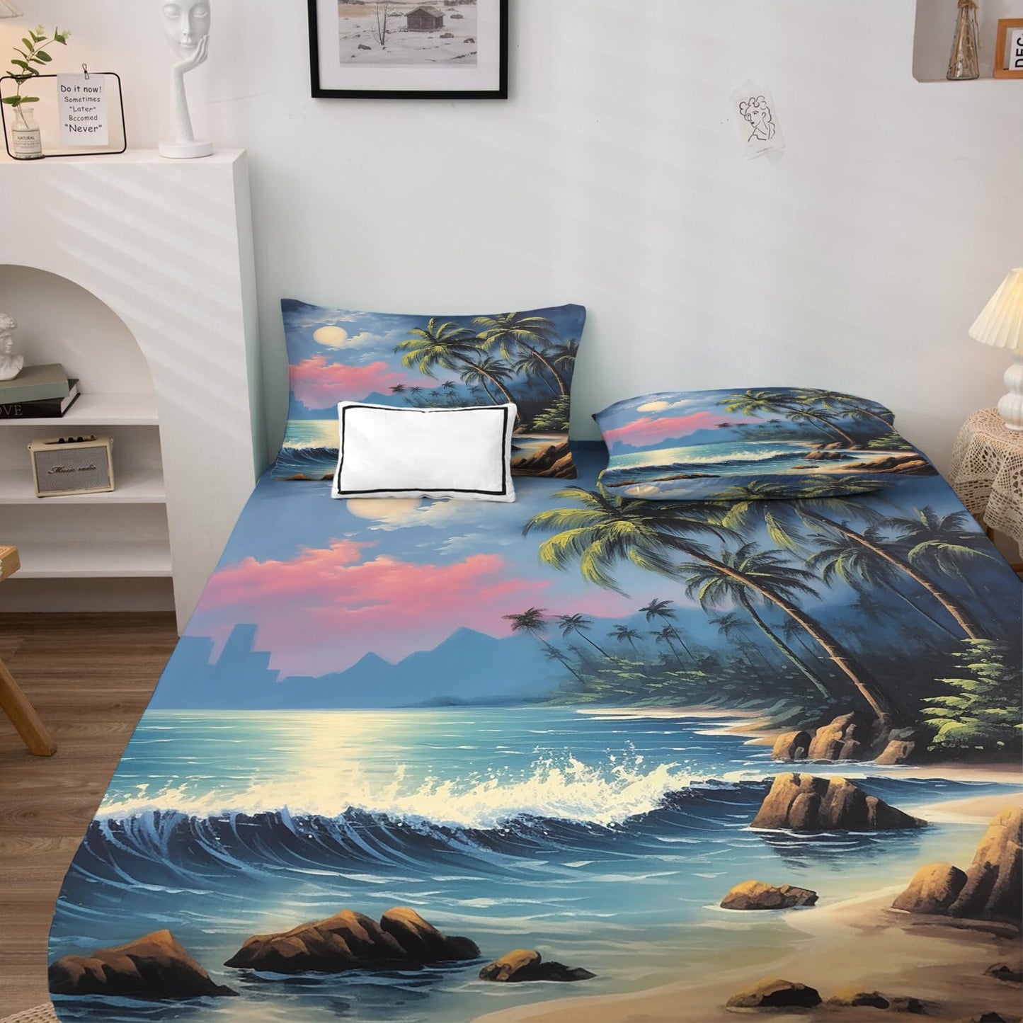 zcsm Tropical Palm Tree Sheets King Size - Beach Seascape Bed Sheets, Soft Microfiber & Deep Pocket & Wrinkle Free Patterned Bedding Sheets & Pillowcases, 1 Fitted Sheet, 1 Flat Sheet, 2 Pillow Cases