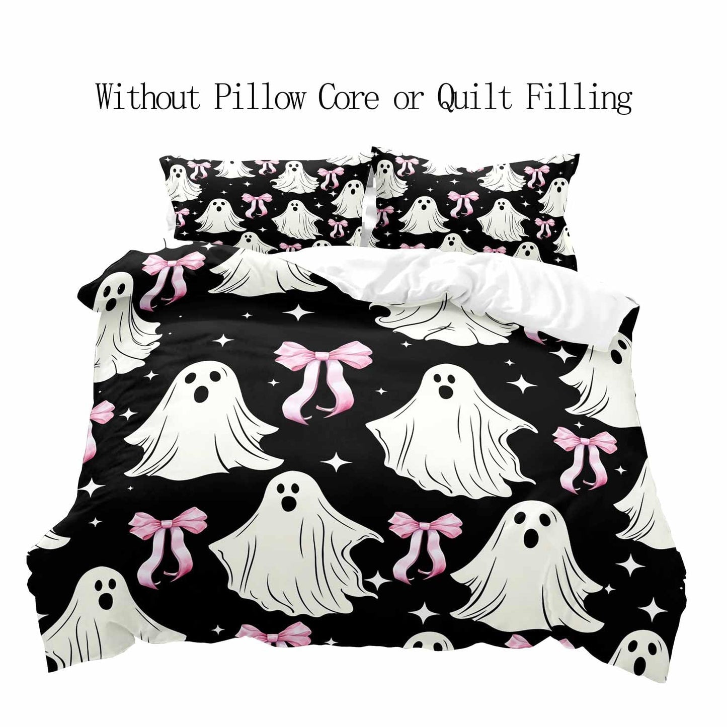 LUVIVIHOME 3PCS Pink Bow Cute Ghost Duvet Cover Queen Bedding Sets, Black Duvet Cover, Teen Girl Bedding, Spooky Halloween Comforter Cover, Coquette Room Decor Aesthetic, Bed in a Bag, 2 Pillow Cases
