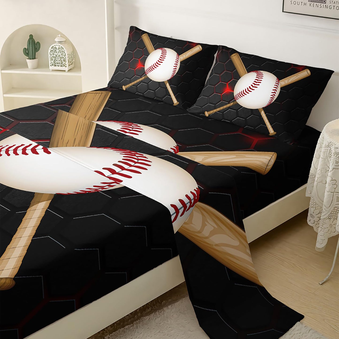 QOOMO Baseball Sheet Set,Honeycomb Kids Bed Sheets,Black Baseball 16" Deep Pocket Bed Sheet Set for Boys/Girls/Kids/Teens，4 Piece Sheet Set, 1 Fitted Sheet,1 Flat Sheet and 2 Pillowcases，Twin Size