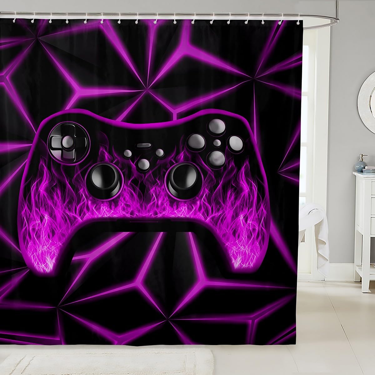 Erosebridal Game Bath Curtain for Boys Kids Game Bathroom Decor Shower Curtain for Lovers,Flame Consoles Bathroom Decor Purple Video Waterproof 3D Geometric Gaming,72" W x 72" L