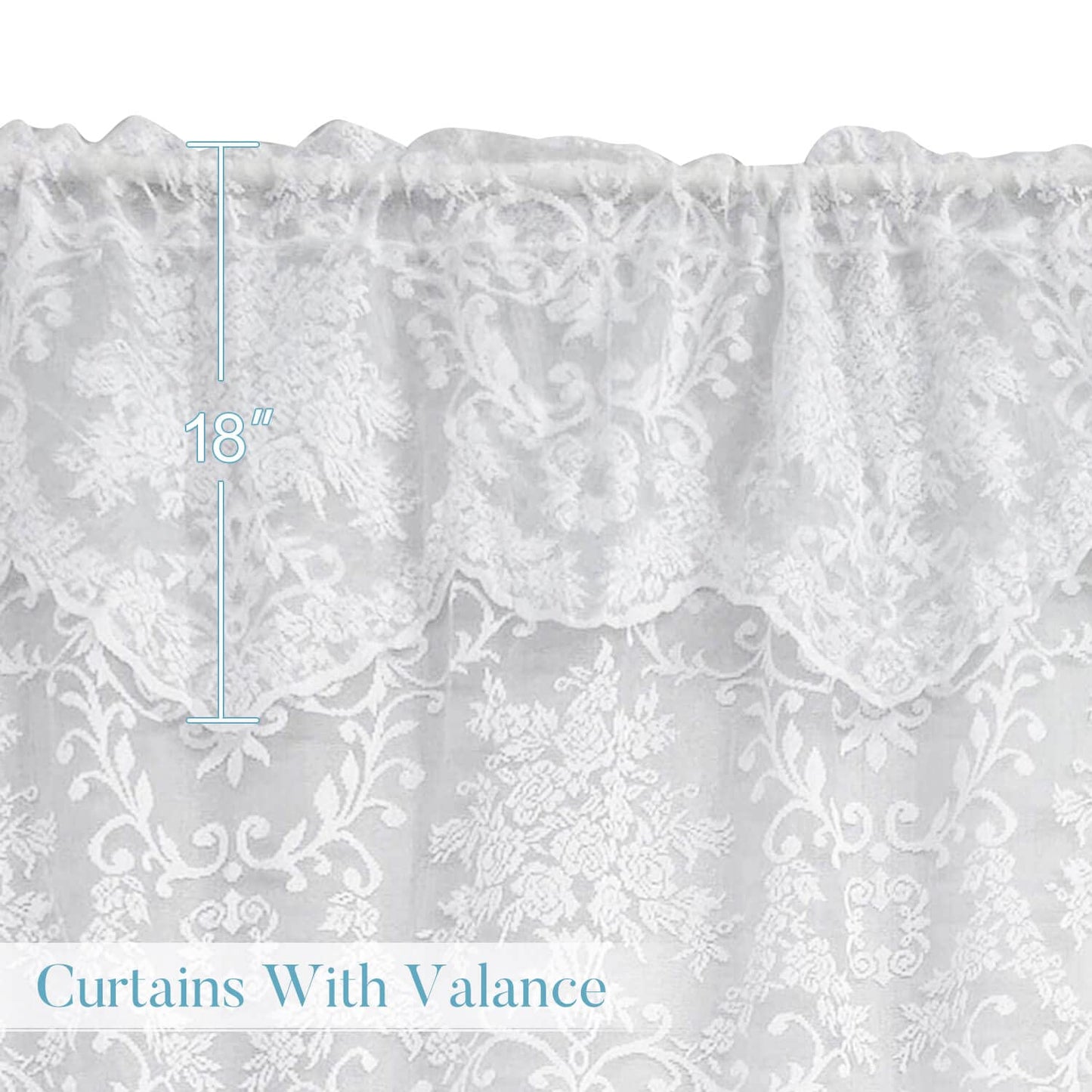 WUBODTI 84 Inch White Lace Curtains with Valances Attached 2 Panels, Floral Embroidered Semi Sheer Window Curtain Lace Tulle Rod Pocket Window Drapes with Valance for Living Room Bedroom Balcony