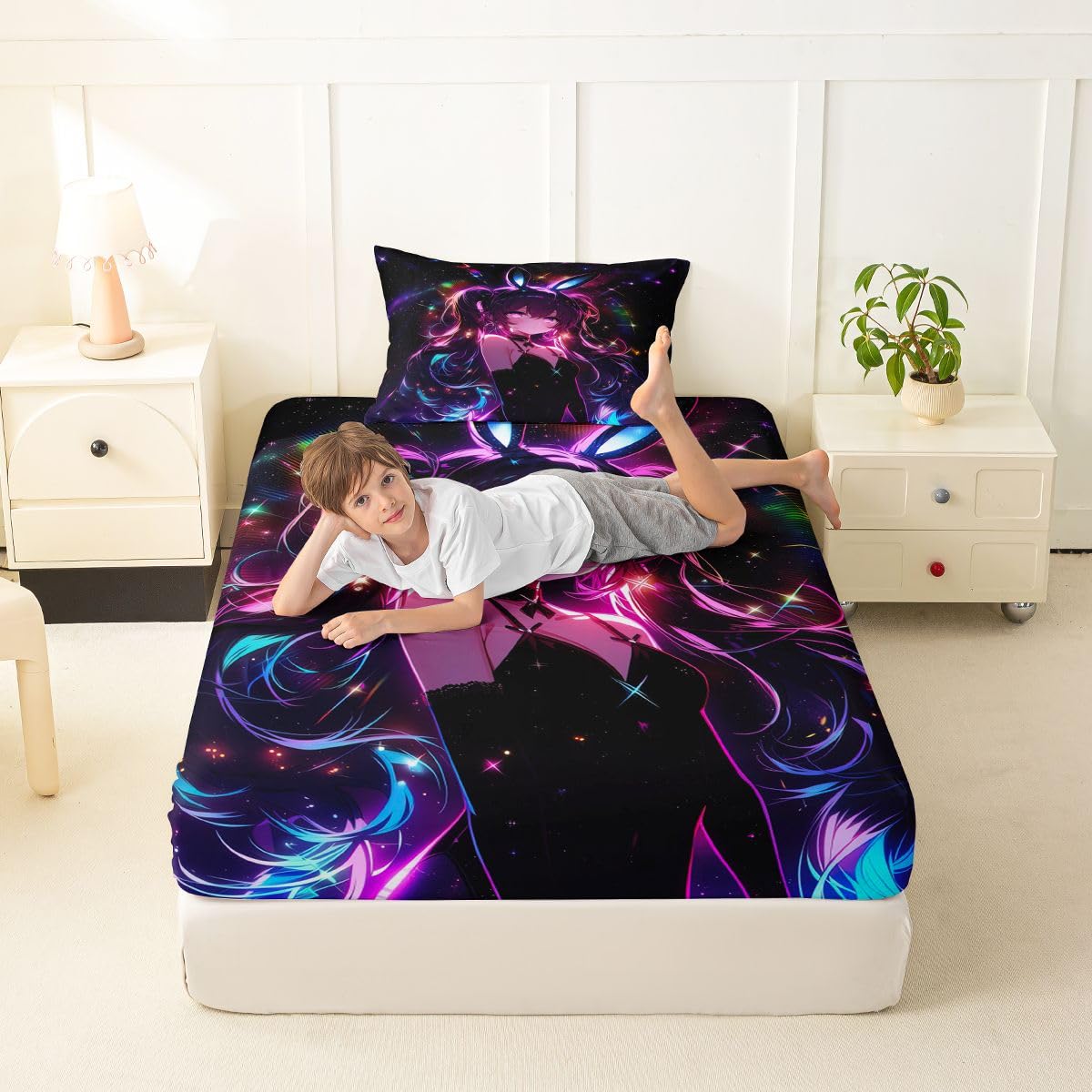 Erosebridal Cute Bunny Girls Twin Bed Sheets Japanese Anime Girl Fitted Sheet,Cartoon 3D Kids Bedding Sets Magical Neon Stars Sheets with 1 Pillowcase