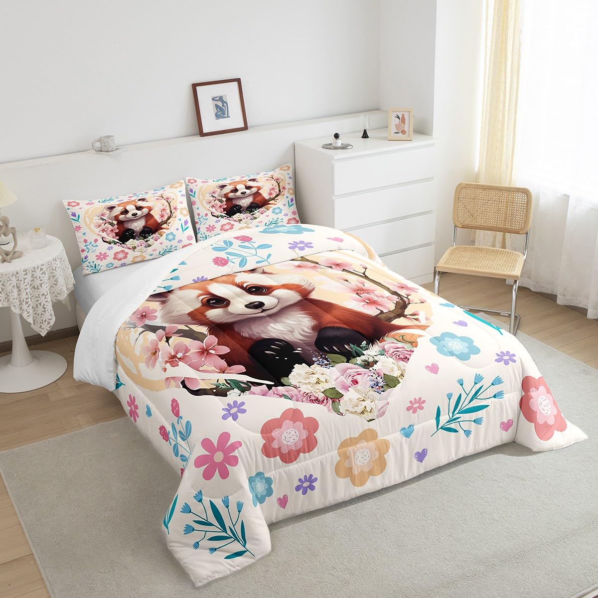 Manfei Red Panda Twin Size Comforter Set for All Seasons,Nature Wild Animal Cherry Blossom Bedding Set Bedroom Decor,Cute Flowers Leaves Yellow Heart Graffiti Comforter Inner Fill with 1 Pillow