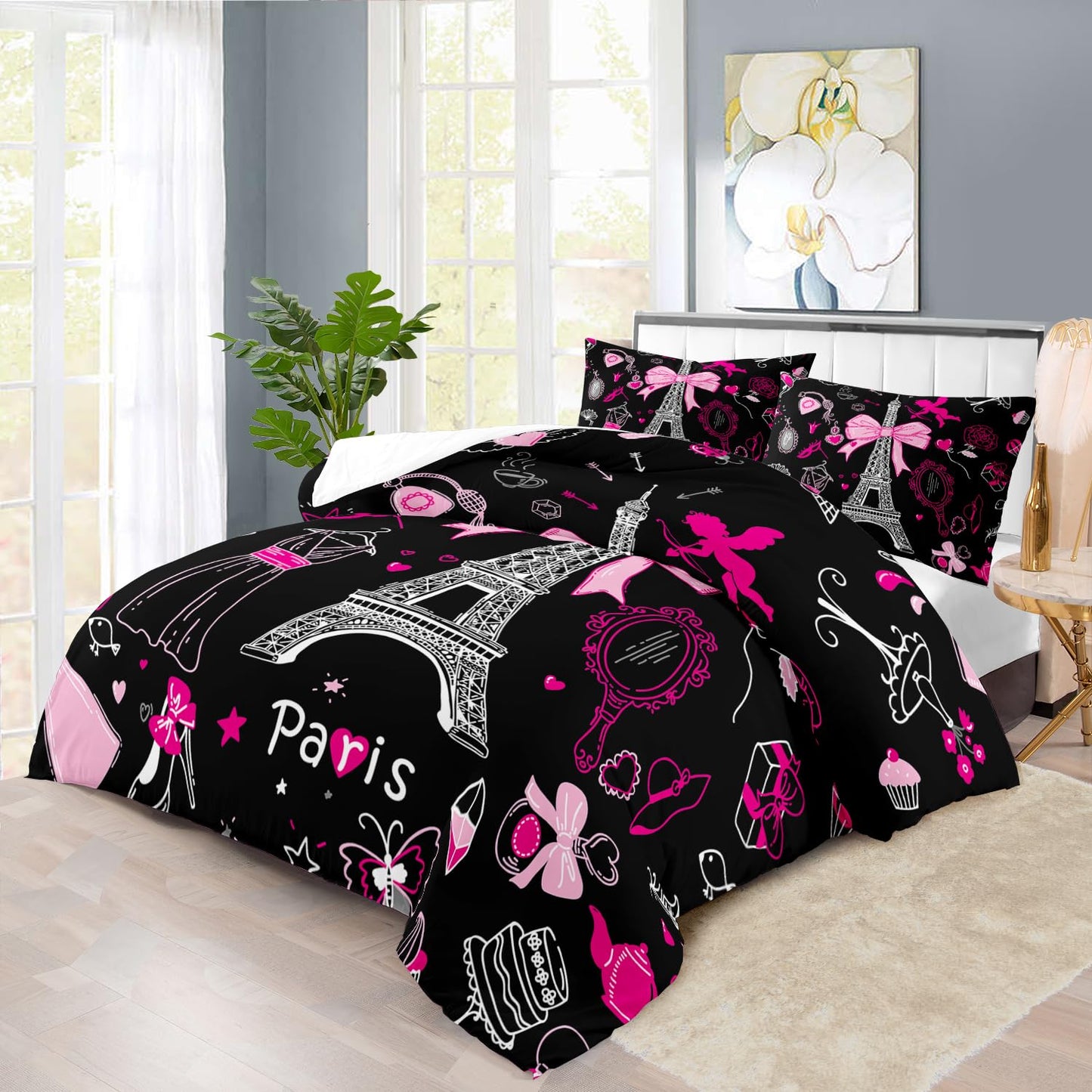 llyxsesty Eiffel Tower Comforter Set King Size,Eiffel Tower Bedding Set for Girls, Pink and Black Paris Themed Comforter Bedroom Decor,Paris Quilt French Style Romantic Bedding